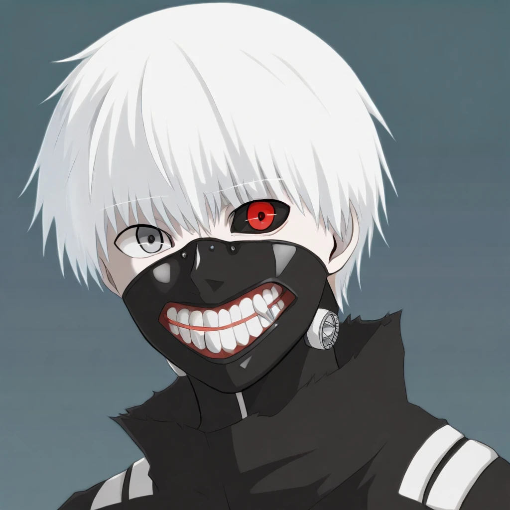 1boy,solo,male focus,kaneki ken,kaneki,white hair,short hair,grey eyes,red eyes,black sclera,heterochromia,mouth mask,teeth,