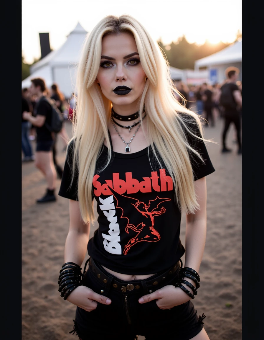 mggs, ultra realistic, ultra detailed image, analog photo 35mm, ultra quality, s4bb4th <lora:Rock & Metal t-shirts- Black Sabbath:1> <lora:metal-gothic-girls:1>  a metal woman, wearing a gothic outfit, she is wearing a ((black sabbath)) t-shirt, she's in a musical event outdoors, she is petite and has long blond hair., Photorealistic, Hyperrealistic, Hyperdetailed, analog style, soft lighting, subsurface scattering, realistic, heavy shadow, masterpiece, best quality, ultra realistic, 8k, golden ratio, Intricate, High Detail, film photography, soft focus