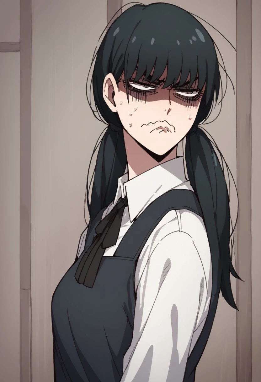 score_9, score_8_up, score_7_up, 1 girl, Yorbutthurtface, angry, annoyed, expressive, exxagerated exxpresion, frown, shaded face, wavy mouth, sweating profusuely, mitaka asa, long hair, low twintails, school uniform, black dress, pinafore dress, sleeveless dress, white shirt, black ribbon, neck ribbon, long sleeves