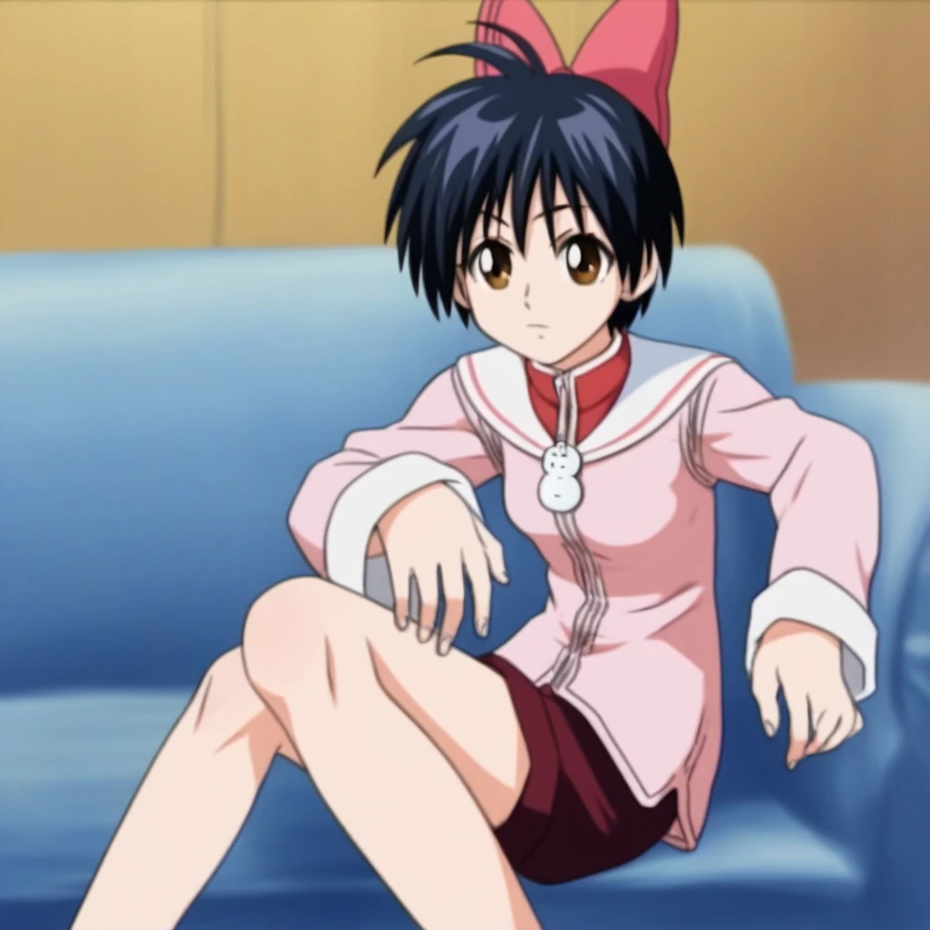 score_9, solo, s_mar, black hair, short hair, hair bow, brown eyes, long sleeves, snowman necklace, shorts, sitting, sofa