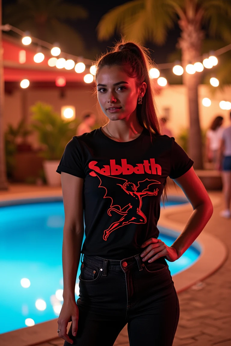 A beautiful woman standing next to a pool at a lively party, wearing a black Black Sabbath t-shirt, black jeans, and her hair styled in a sleek ponytail. The scene is illuminated by warm, ambient lighting, with the pool reflecting colorful party lights. She stands confidently, her pose relaxed yet striking, with the vibrant party atmosphere and poolside decor in the background. The composition captures her full figure, emphasizing her stylish outfit and the energetic mood of the gathering.