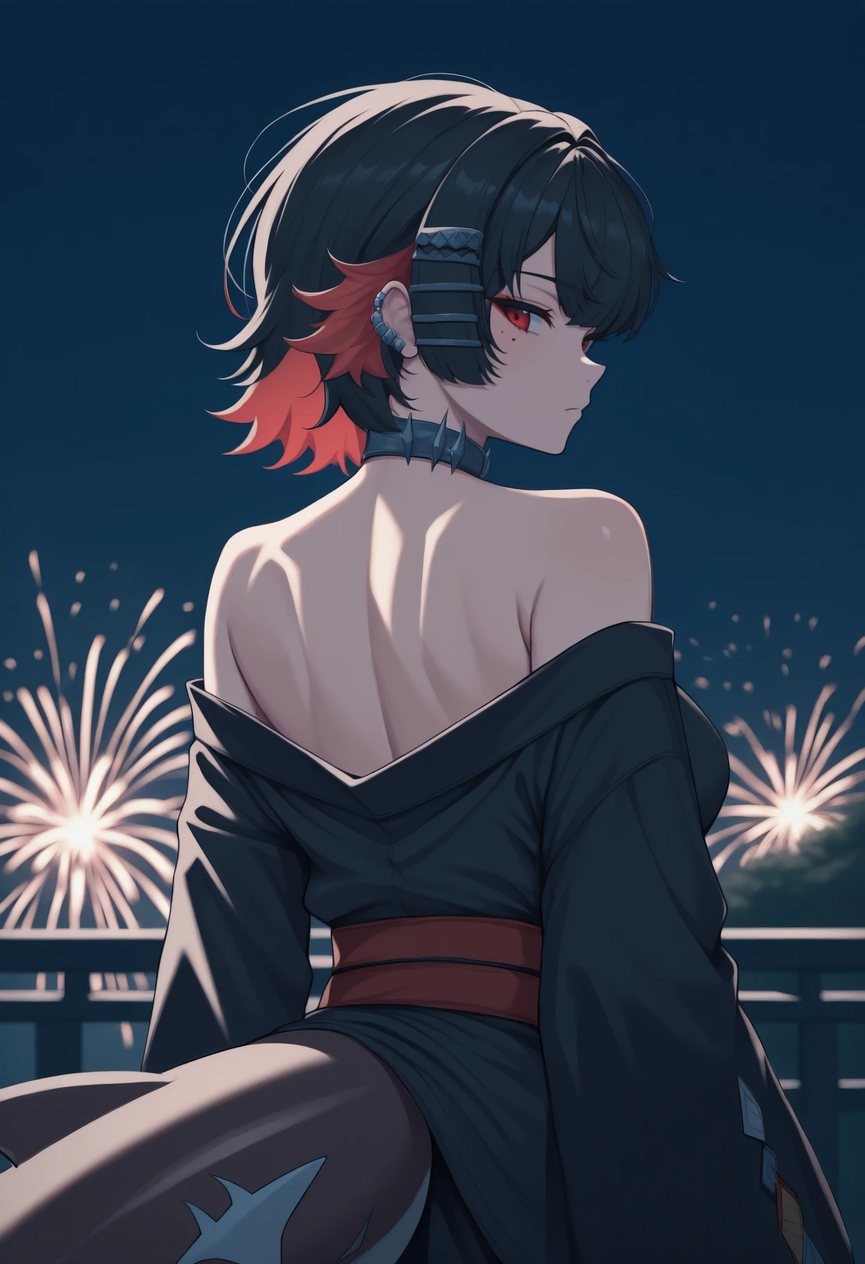 anime, masterpiece, best quality, solo, 1girl, ell3nj0e, mole under eye, shark tail, fins, ear piercing, expressionless, looking back, short hair, colored inner hair, black hair, red hair, x hair ornament, red eyes, japanese clothes, black kimono, off shoulder, red sash, bare shoulders, outdoors, night, fireworks
<segment:yolo-Anzhc Face seg 640 v2 y8n.pt,0.4,0.5//cid=1>