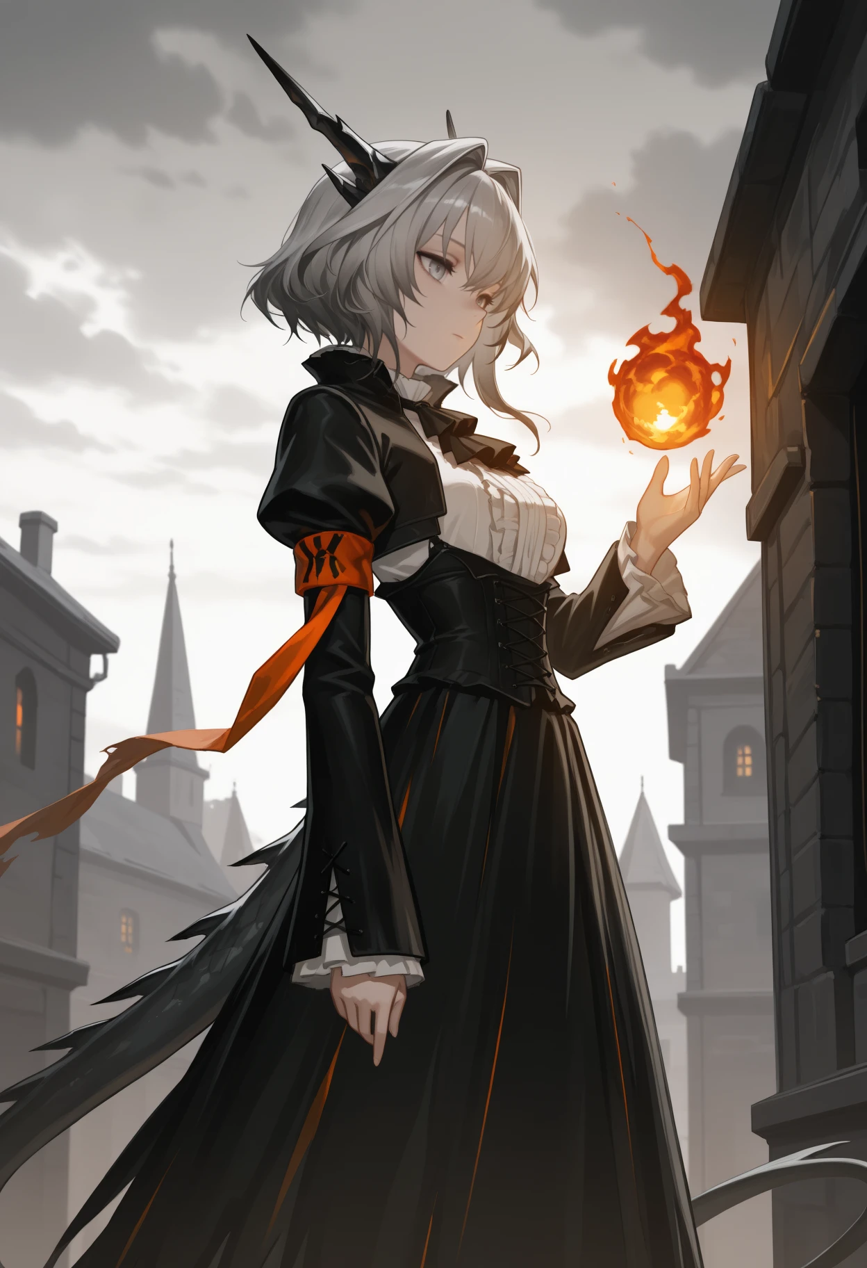 masterpiece, best quality, solo, 1girl, tlhdef, dragon tail, expressionless, looking at hand, standing, hand up, fireball, short hair, grey hair, hair intakes, black horns, dragon horns, grey eyes, black jacket, cropped jacket, open jacket, juliet sleeves, underbust, orange armband, white shirt, center frills, black ascot, black corset, black skirt, high-waist skirt, outdoors, cloudy sky, building, medieval
<segment:yolo-Anzhc Face seg 640 v2 y8n.pt,0.4,0.5//cid=1>