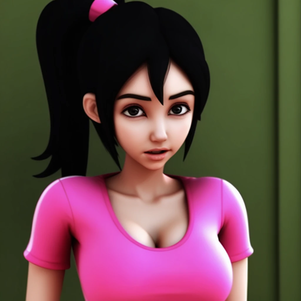 1girl, ponytail, black hair black eyes, pink shirt, medium breasts, short sleeve, stomach, navel. cleavage