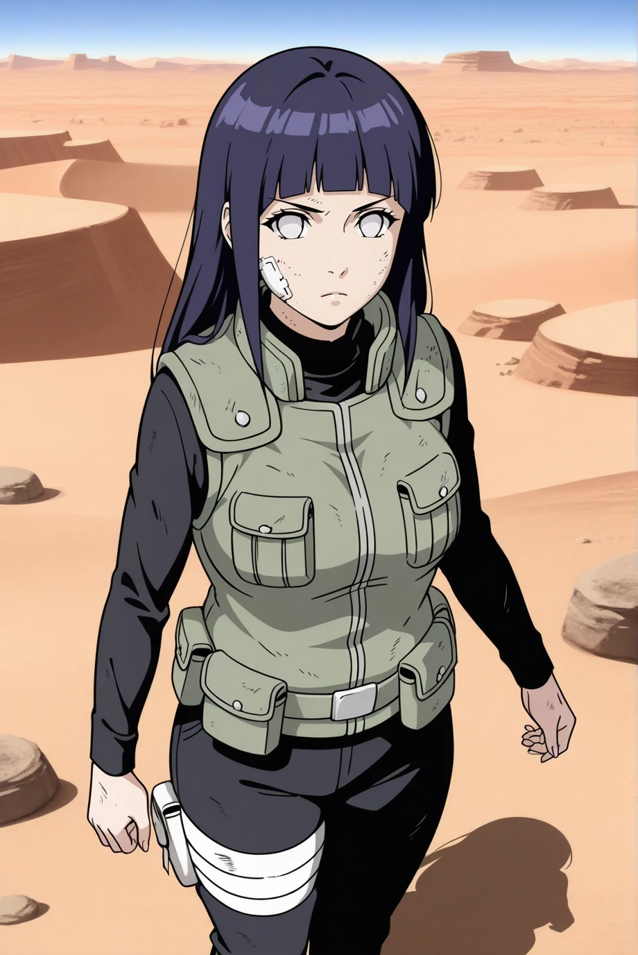 absurdres, masterpiece, best quality, very aesthetic, 1girl, solo,
<lora:HinataShippuden-IL-v1-08:0.85>, ChopioHinata, purple hair, long hair, straight hair, shiny hair, blunt bangs, sidelocks, no pupils, white eyes, looking at viewer, 
medium breasts, mature female, 
outfit_2, green vest, black shirt, pouch, long sleeves, black pants, bandaged leg, dirty,
outdoors, desert, rocks, serious,