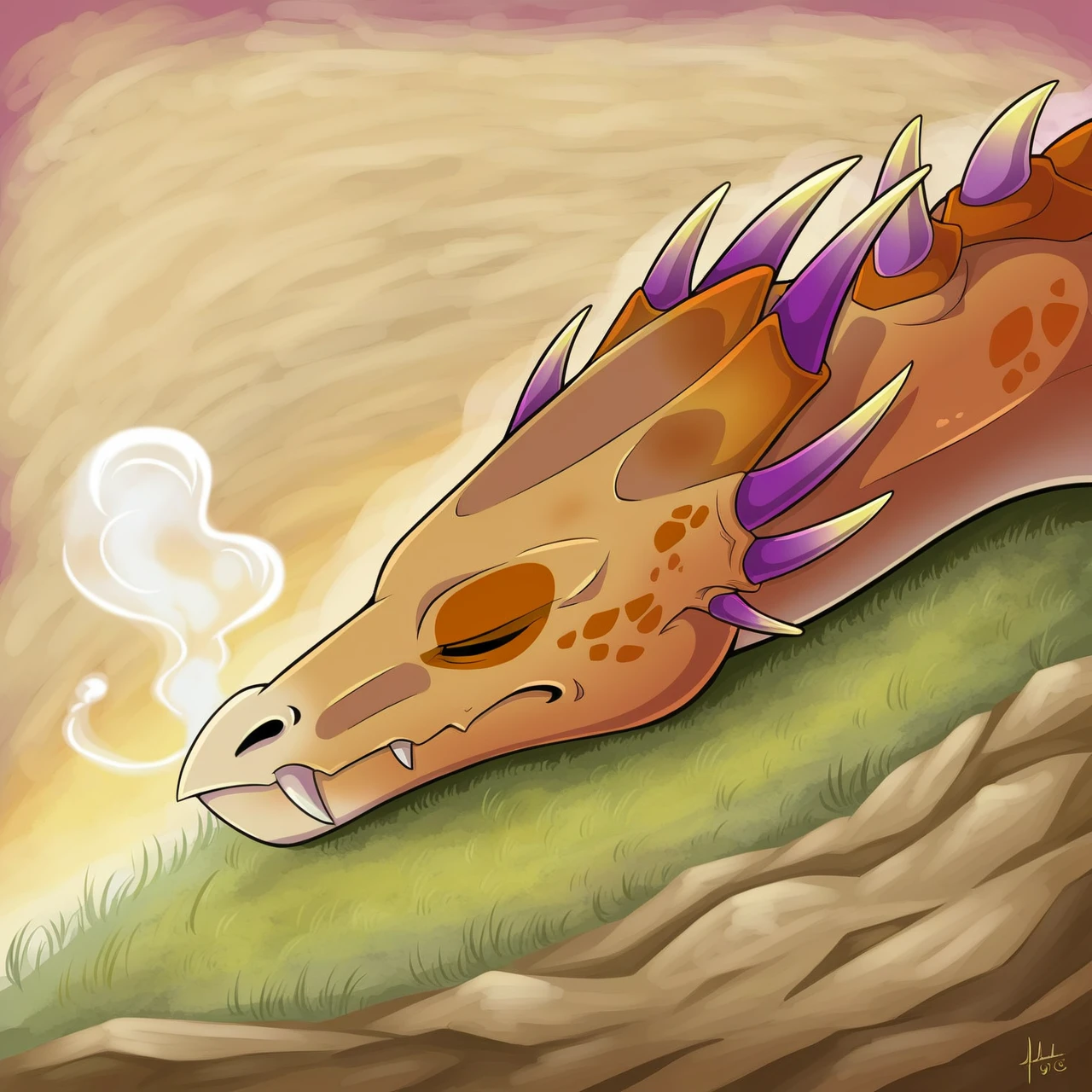 score_9, score_8_up, score_7_up, rustdragon, dragon, closed eyes, spikes, sleeping dragon, sleeping, a trail of smoke rising from dragon's nostrils, solo, steaming nostrils, smoke trail, wings, close up, claws, head and shoulders portrait, wings, forest glade, grass, <lora:Might__Magic_Collection:0.8> ((inricate details, detailed, high quality artwork,)) detailed background,