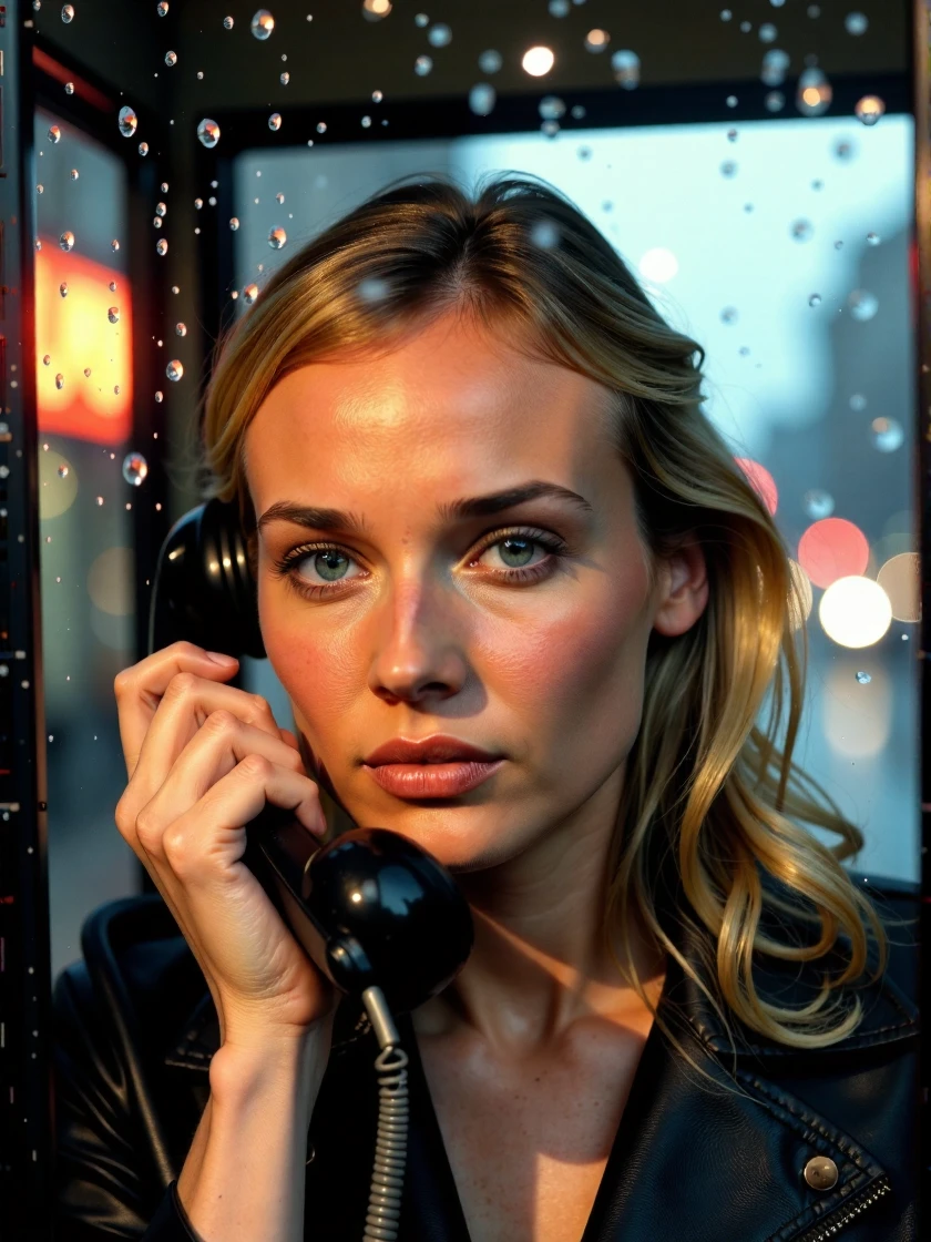 <lora:Diane_Kruger_Ca2002:1> woman, blonde, <lora:zz_s_Stylish_Lighting:0.5> <lora:zz_s_Fluxartis:0.5> A highly detailed cinematic photography, dusk, candid photo inside an old 1970s phone booth, large water droplets in the foreground, talking on a pay phone, pouring rain outside, only the receiver is visible in the photo, new york city ca 1975, the exterior glass has cascades of water running down it, street lights and car headlights are distorted due to the cascading water on the exterior glass, face is wet with tears, eyes are red, extreme close-up, zoomed, focus on face, centered, macro shot, face centered, focus on eyes, looking directly at the viewer, looking directly at the camera, making eye contact, looking straight aheadâââ