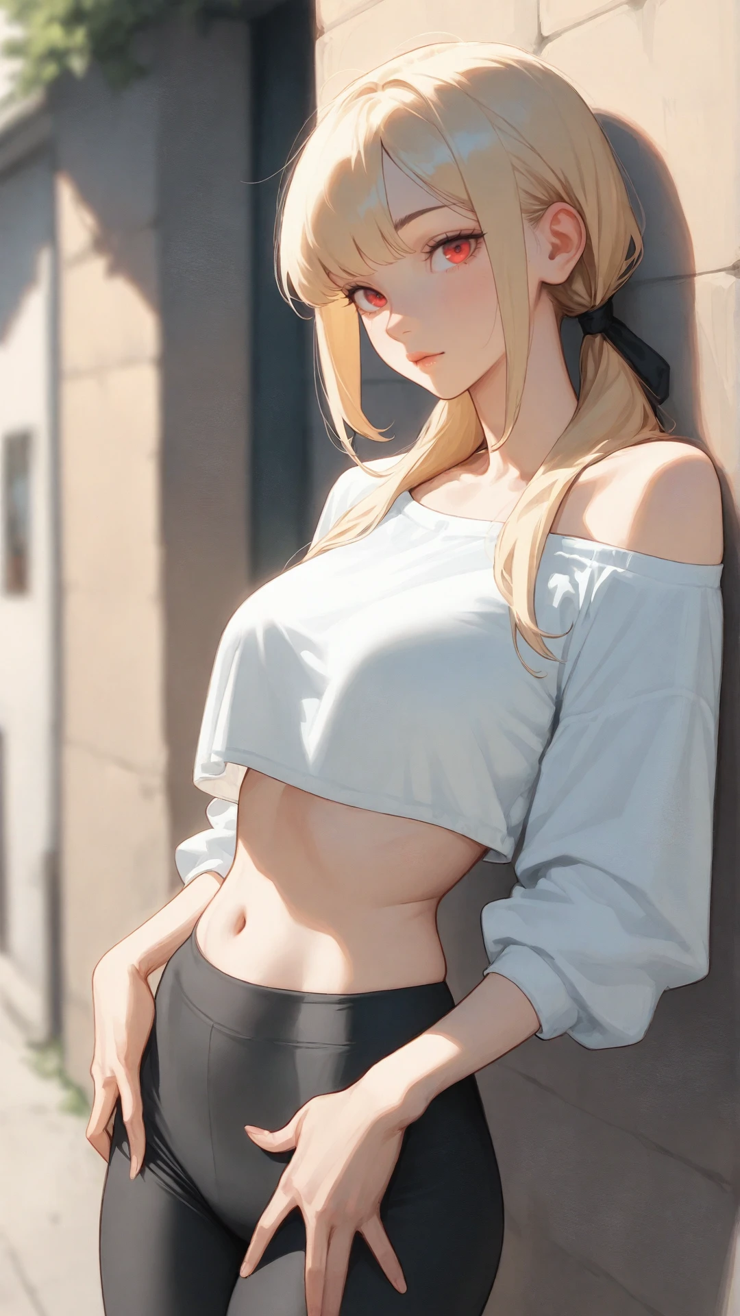 masterpiece,best quality,amazing quality,very aesthetic,absurdres,newest,detailed eyes, A professional,high-quality, portrait of a woman. upper body view, 1girl,milf, long straight hair, blonde_haired_woman, two sideparted low ponytails, black leggings, crop top, off the shoulder, red eyes, maid, selfconfident posing, looking at viewer. depth of field,focused subject,dynamic angle,dutch view,dynamic motion, cheeky, casual, wall, outdoor. anicomeij art style overlay, anicomeij character design overlay <lora:anicomeij-IL01:1>