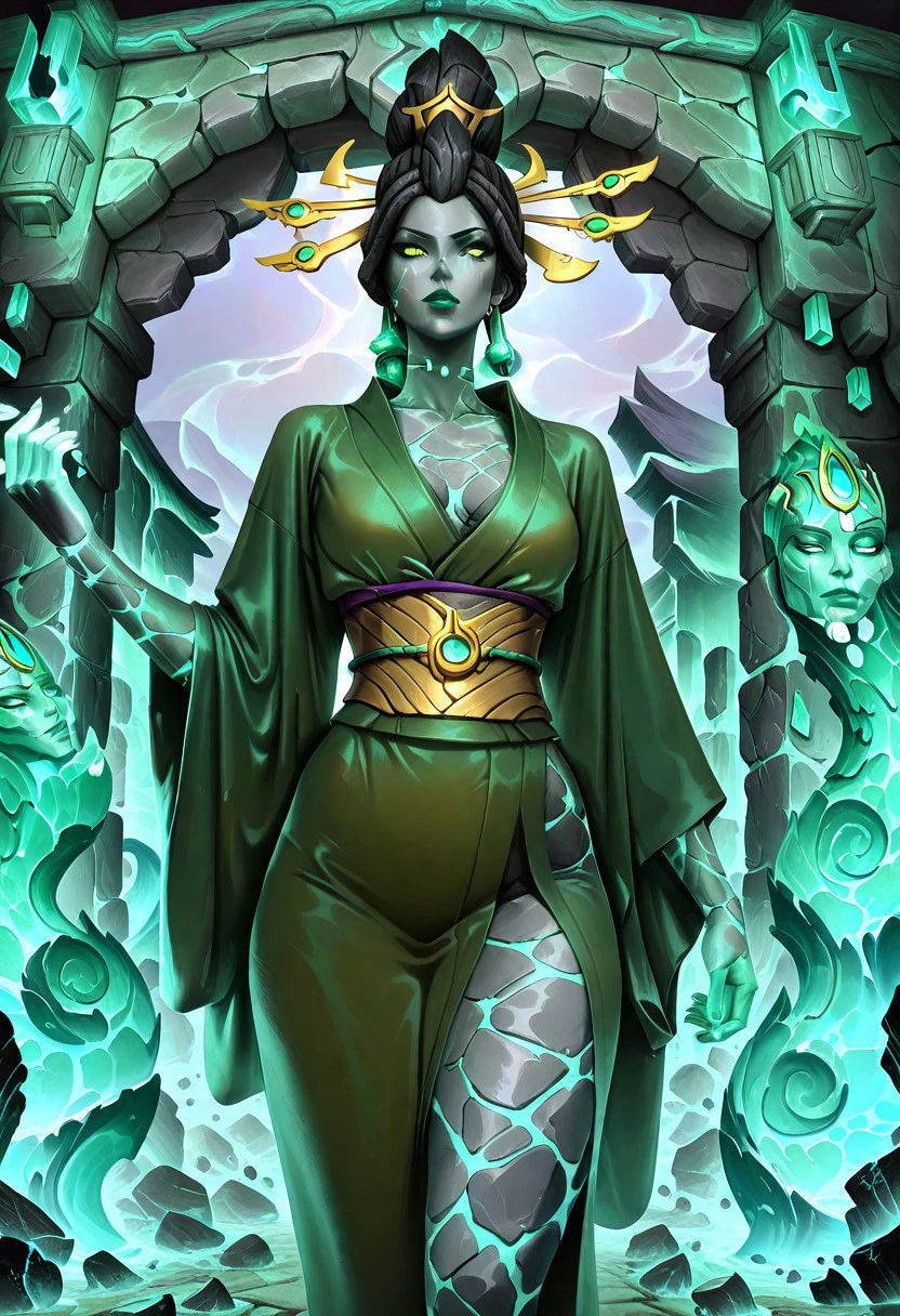 masterpiece, best quality, newest, absurdres, highres, LORstyleIL-V1.0, 1girl, EarthelementalIL-V1.0, stone skin, stone, kimono, green kimono,