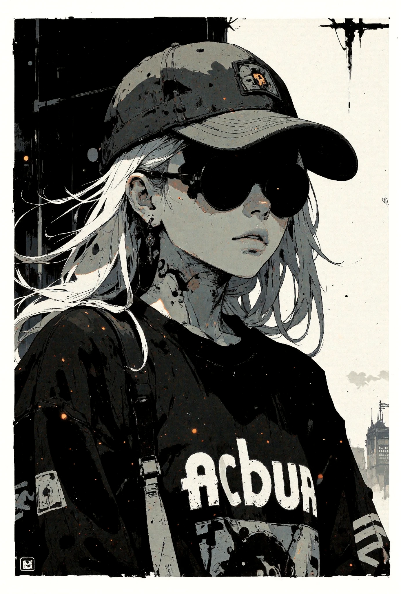 A highly detailed black-and-white anime-style illustration of a glamour woman with white skin. She is wearing a casual hoodie with visible folds and a baseball cap, paired with round sunglasses that obscure her eyes. Her long, sleek hair flows naturally from beneath the cap, adding a dynamic touch to the composition.
The perspective is a close-up, slightly angled from the front, emphasizing her facial features and casual attire. The background is minimalistic, with a stark contrast between the black-and-white tones, creating a dramatic and stylish atmosphere. The lighting is uniform, enhancing the crisp outlines and textures of her clothing and accessories. The overall mood is calm and mysterious, highlighting her understated elegance.
<lora:Anime v1.3:1.2> <lora:Blue_Future:0.9> <lora:Ethereal_Brush_Anime_v1.0:0.6> <lora:It's a LoRA for portraits, BUT! actually specialized in backgrounds. v1.0:0.2> <lora:Dark_and_sentimental:0.6>