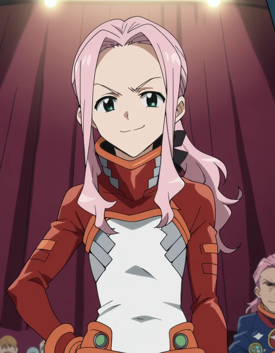 score_9, score_8_up, score_7_up, source_anime, <lora:darry-adai-s1-ponyxl-lora-nochekaiser:1>, darry adai, long hair, green eyes, ponytail, pink hair, hair bow, black bow, anime screencap, bodysuit, pilot suit, white bodysuit, red bodysuit, stage, curtains, spotlight, audience, microphone, , smug, hand on own hip,, looking at viewer, solo,, cowboy shot, solo