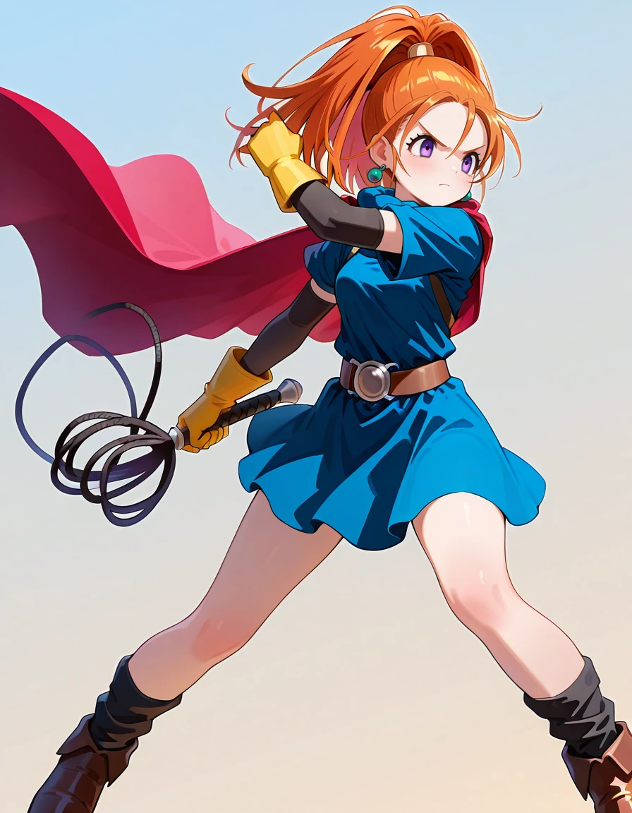 <lora:DQ6barbara_SDXL_Illustrious01_fp16_ver01:1>,DQ6barbara,1girl,purple eyes,earrings,orange hair,high ponytail,yellow gloves, blue dress, belt, red cape, short sleeves,black socks, brown footwear, v-shaped eyebrows,holding whip,, masterpiece, best quality, very aesthetic, absurdres,<lora:detailed_hands:1>,hand