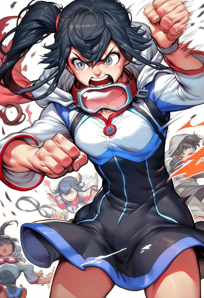 score_9, score_8_up, score_7_up, source_anime, shiki_dwno, long black hair, multicolored hair, side ponytail, gray eyes, hood, dress, goggles around neck,punching monochrome, manga_style , dynamic shot, high quality, cowboy shot,