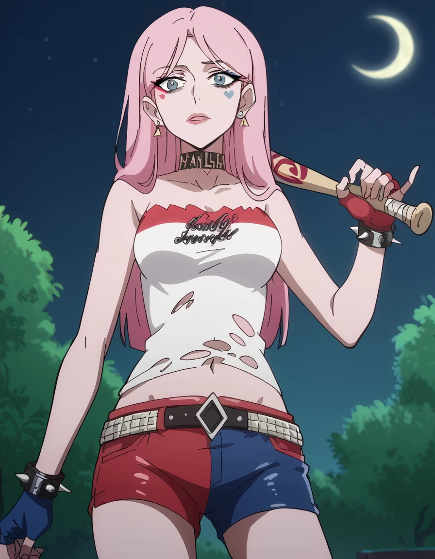 score_9, score_8_up, score_7_up, source_anime, <lora:lan-liu-s2-ponyxl-lora-nochekaiser:1>, lan liu, long hair, bangs, blue eyes, pink hair, hair behind ear, medium breasts, mature female, anime screencap, <lora:harley-quinn-cosplay-ponyxl-lora-nochekaiser:1>, harley quinn cosplay, harley quinn (cosplay), bare shoulders, choker, collarbone, cosplay, fingerless gloves, heart, heart tattoo, jewelry, multicolored clothes, multicolored shorts, navel, shorts, spiked bracelet, spikes, stomach, strapless, torn clothes, tube top, two-tone shorts, outdoors, night, moon, baseball bat, holding, holding baseball bat,, cowboy shot, looking at viewer, , cowboy shot, solo
