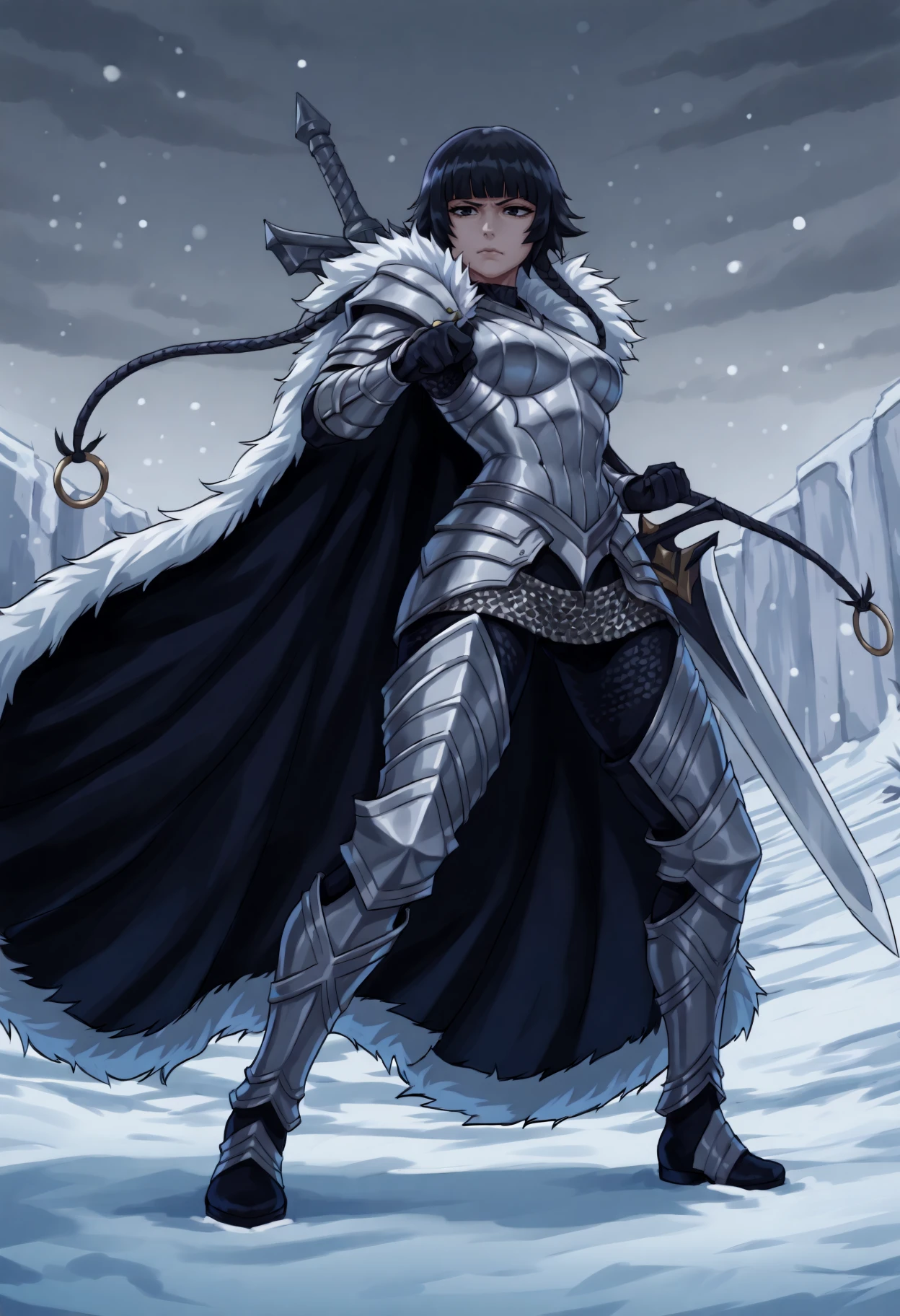 masterpiece, best quality, 1girl, toned,
black hair, short hair with long locks, black eyes, blunt bangs, hair rings, twin braids,
silver armor, fur-lined cape, chainmail, thick boots, gripping broadsword, standing atop castle wall, snow falling, icy landscape below, overcast sky, distant mountains, battle-ready stance, epic fantasy, cold ambiance, strong pose, heroic vibe,
<lora:Sfng_idxl_EliPot:1>