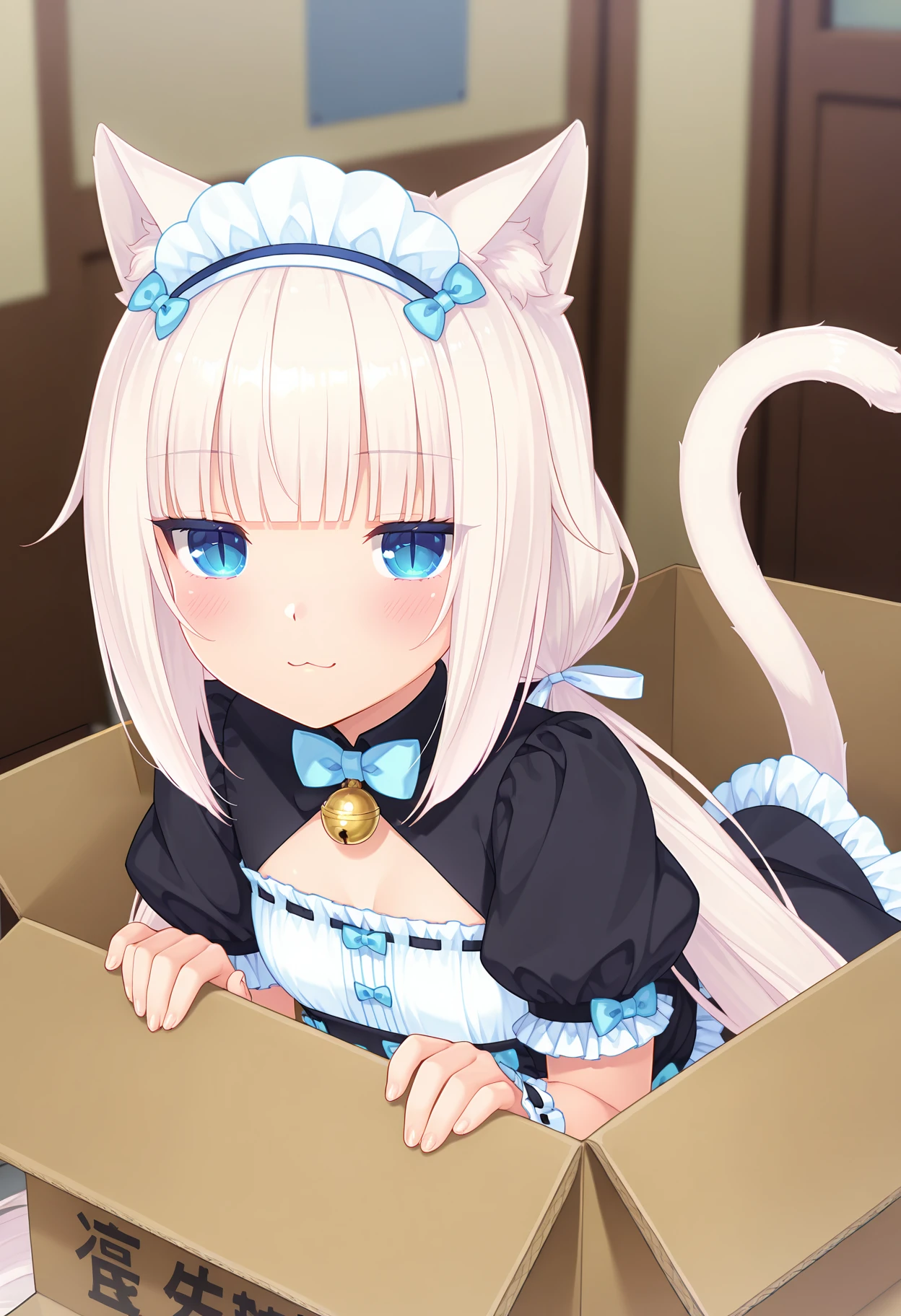 anime screencap, masterpiece, best quality,
<lora:Nekopara_Vanilla_IlluXL:0.8>,
1girl, solo, closed mouth, :3, blush,
low twintails, white hair, blunt bangs, blue eyes, slit pupils, animal ears, cat tail, white tail,
VanillaMaid, hair bow, blue bow, white headdress, blue bowtie, hair ribbon, white ribbon,
ribbon-trimmed dress, frilled dress, black dress, neck bell, cleavage cutout, puffy short sleeves,
frilled wrist cuffs,
in box, cardboard box, in container, for adoption, looking at viewer,
indoors, blurry background