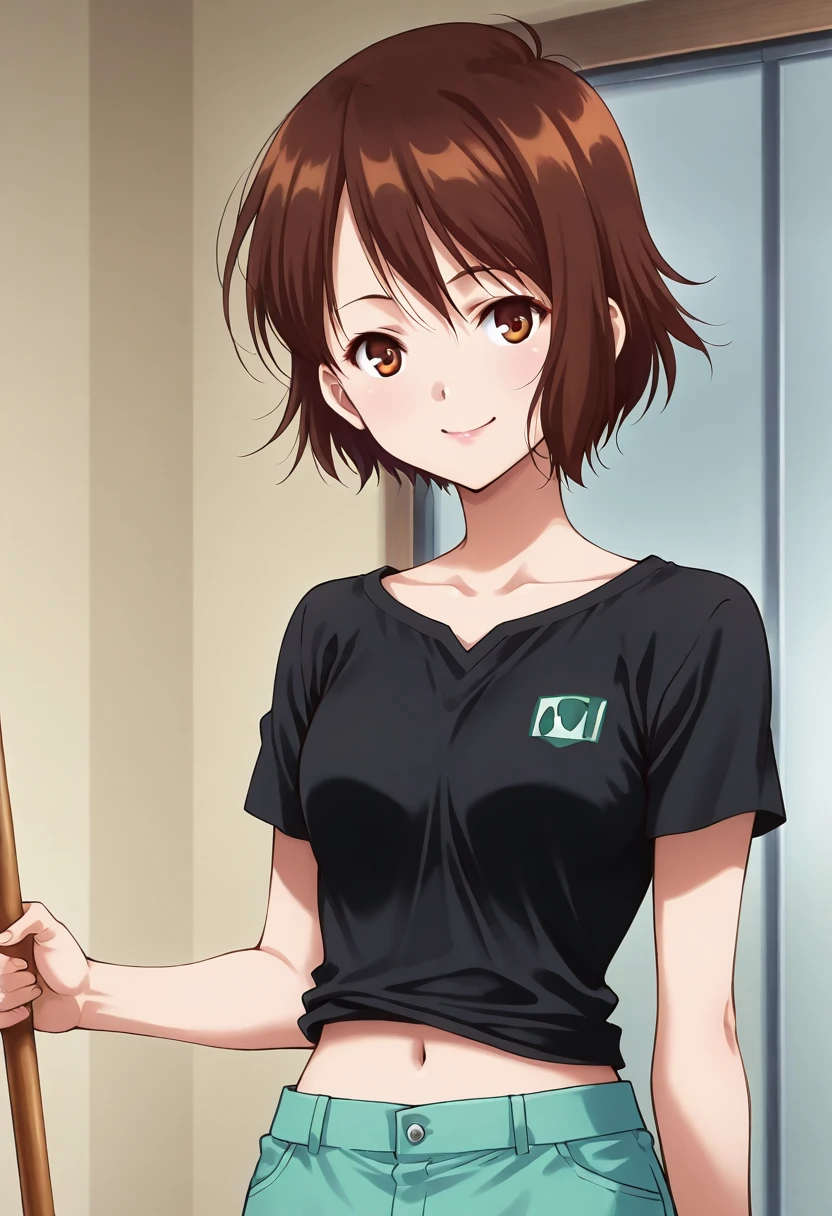 masterpiece, best quality, good quality, asuna elmarit, short hair, brown hair, brown eyes, black shirts, short shirts, smile, mop, anime screencap, navel