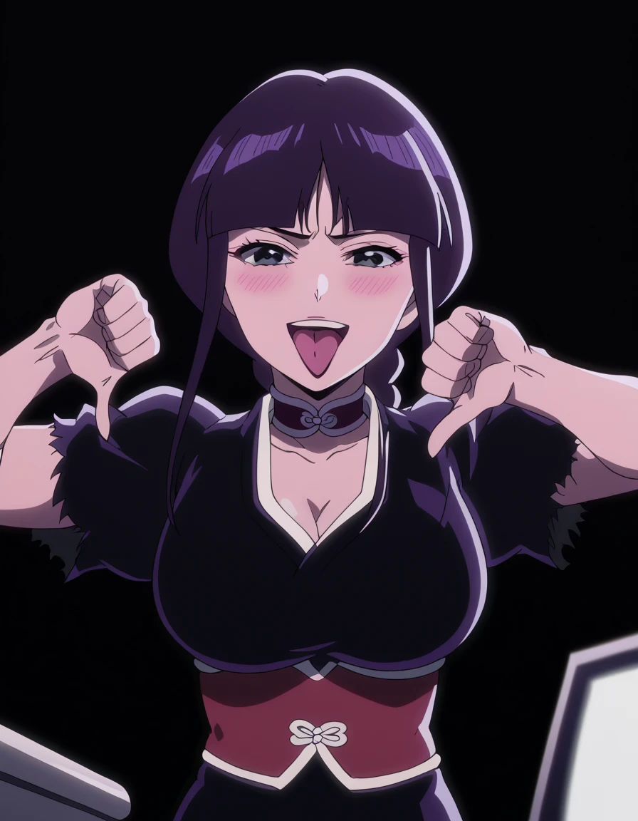 score_9, score_8_up, score_7_up, source_anime, <lora:nemu-kurotsuchi-tybw-ponyxl-lora-nochekaiser:1>, nemu kurotsuchi, long hair, large breasts, black hair, black eyes, braid, single braid, braided ponytail, blunt bangs, mature female, anime screencap, choker, skirt, cleavage, kimono, black kimono, corset, short sleeves, black skirt,, office, desk, computer, chair, paperwork, smile, <lora:thumbs-down-ponyxl-lora-nochekaiser:1>, thumbs down, blush, from below, smug, tongue, tongue out, open mouth, black background, looking at viewer, solo,, cowboy shot, solo
