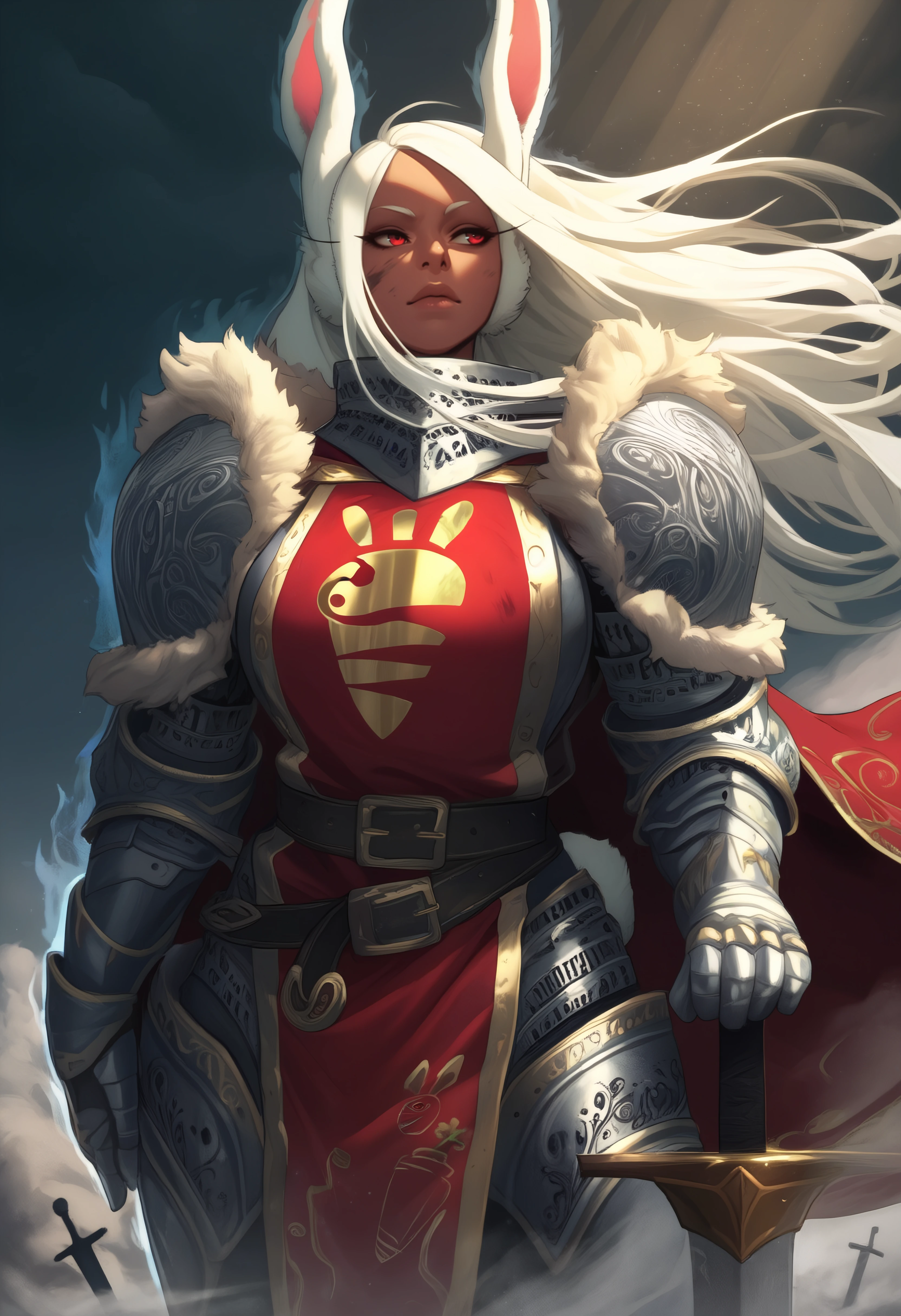 masterpiece, best quality, very aesthetic, abstract,fantasy,solo,1girl,(mirko:0.5),alternate costume,lips,red eyes,dark-skinned female,knight,full armor,ornate armor,rabbit tail,shoulder armor,carrot print tabard,cape,belt,aura,planted sword,cowboy shot,outdoors,fur trim,wind,looking to the side,sunbeam,light particles,dust,parted clouds,dark sky,dirty face