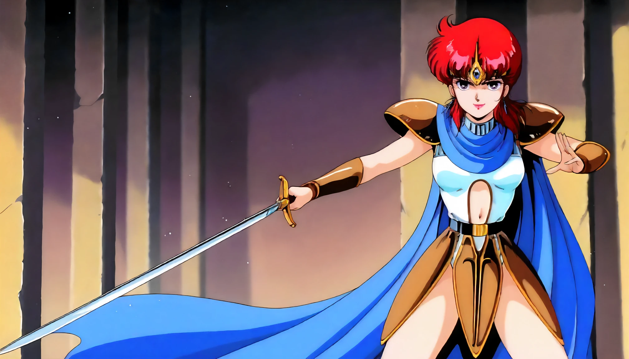 <lora:LDF_flairXLIllustrious004>,
underwear only,masterpiece,best quality,good quality,newest,
detailed background,glitter,
smile,
looking at viewer,
solo,
anime coloring,1990s \(style\),
neris\(lyon_densetsu_flare\),1girl,red hair,medium hair,circlet,purple eyes,lipstick,
earrings,
blue cape,brown shoulder armor,white leotard,navel cutout,
brown vambraces,
brown armored skirt,
armored boots,
standing,fighting_stance,holding sword,