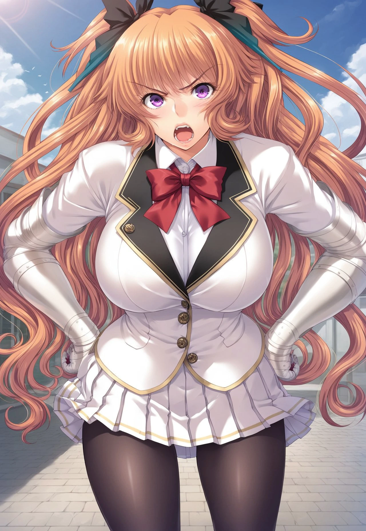 young woman, by the ruby,  very bright yellow hair,  semi-wavy hair,  very long hair, Very tall woman,  school uniform , very elegant uniform, white coat ,  white skirt ,  school uniform  de saco y falda,  lump on the legs, visible bulge through the skirt,  lump on the legs visible a través de la falda,  light blue eyes, light eyes,  big eyes,  detailed eyes , blonde eyelashes,  blonde eyebrows, medias negras, very long stockings, smile,  open eyes , anime,  anime style tanishi , Alone,  short skirt 