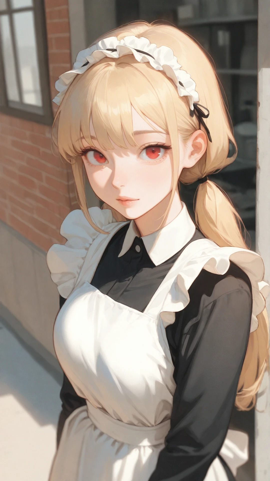 masterpiece,best quality,amazing quality,very aesthetic,absurdres,newest,detailed eyes, A professional,high-quality, portrait of a woman. upper body view, 1girl,milf, long straight hair, blonde_haired_woman, maid ruffled hairband, two sideparted low ponytails, maid dress, apron, red eyes, maid, selfconfident posing, looking at viewer, kitchen. depth of field,focused subject,dynamic angle,dutch view,dynamic motion, cheeky, casual, wall, outdoor. anicomeij art style overlay, anicomeij character design overlay <lora:anicomeij-IL01:1>
