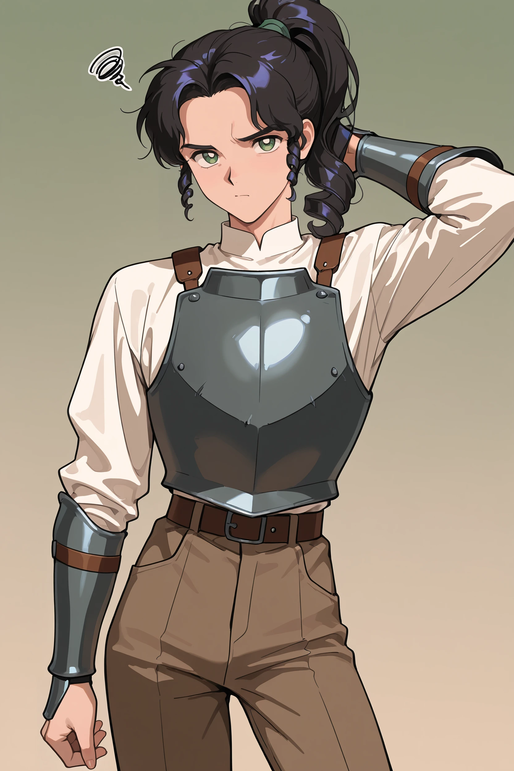 masterpiece, best quality, newest, absurdres, highres, 1boy, solo, bishounen,
<lora:MeiYaoLanIllustriousV1:1> meiyaolan, green eyes, black hair, long hair, twin drills, drill bangs, curly hair, ponytail, forehead,
retro artstyle, 1990s \(style\),
country shirt, white shirt, leather breastplate, brown pants, armor, gauntlets,
looking at viewer, arm behind head, squiggle, thinking,
simple background, gradient background,