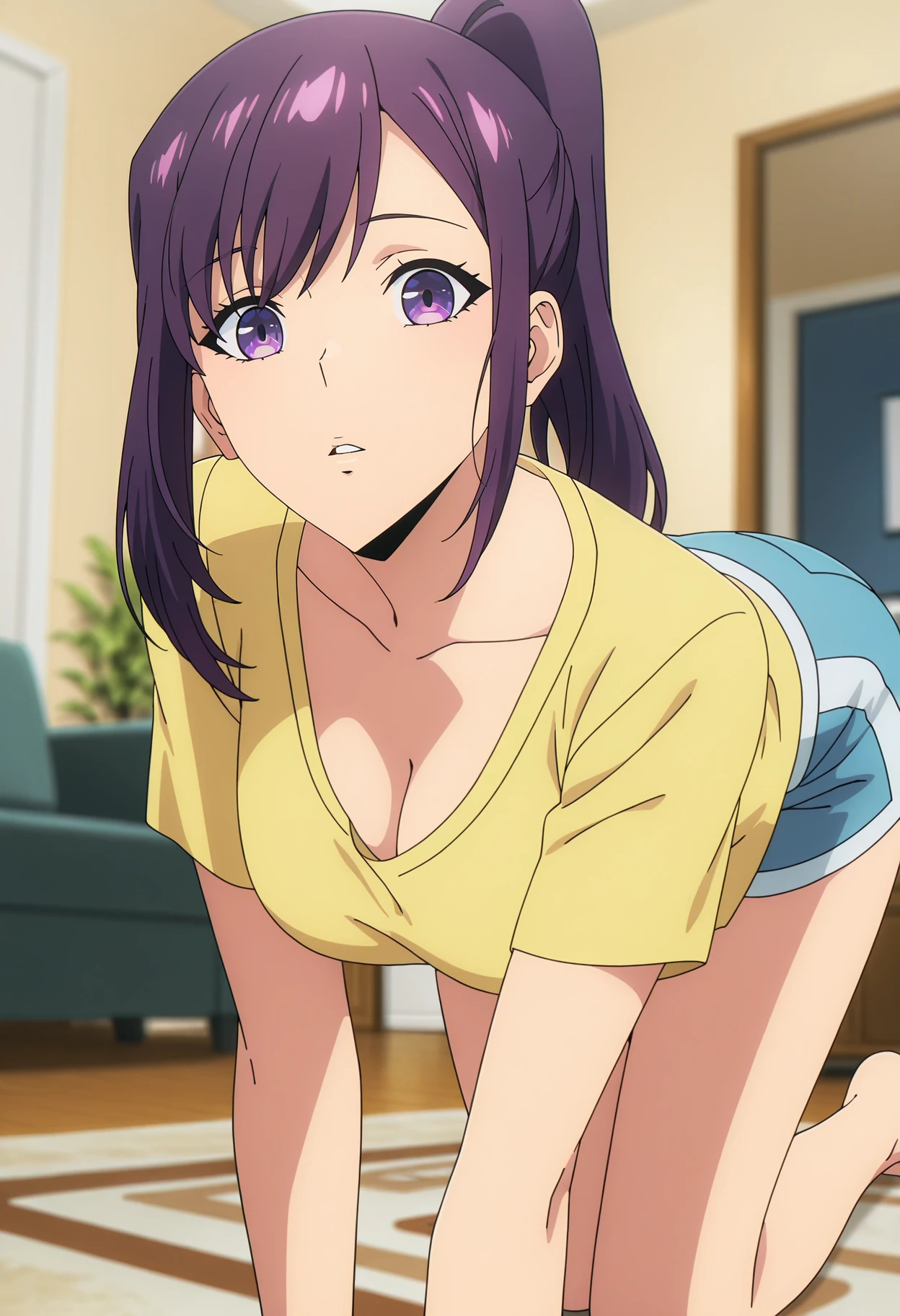 anime screencap, masterpiece, best quality,
<lora:SoloLeveling_SungJinah_IlluXL:0.9>,
1girl, solo, parted lips,
purple hair, purple eyes, high ponytail,
JinahHome, t-shirt, yellow shirt, blue shorts, cleavage, medium breasts,
all fours, looking at the viewer,
indoors, living room, blurry background
