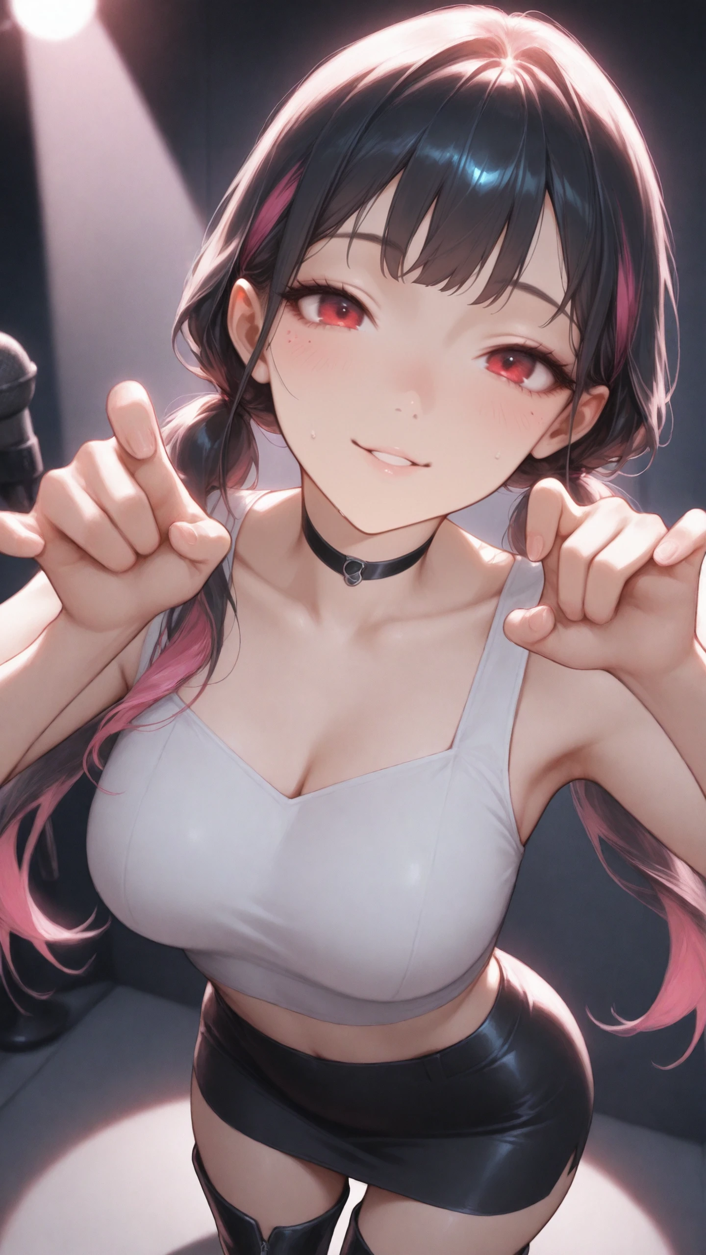 score_9, score_8_up, score_7_up, source_anime, best quality, clear face, skinny japanese Egirl, black hair, pink eyes, long hair, medium breasts, perfect body, standing, looking, embarrassed,lewd ahegao, wearing pink shirt, dynamic angle,upper body, close to face,sexy face,small,face,double piece sign,in strip club,night,c