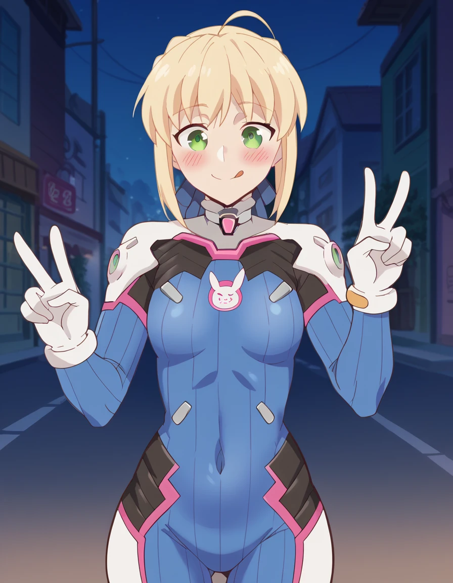 score_9, score_8_up, score_7_up, source_anime, <lora:artoria-pendragon-emiyachi-ponyxl-lora-nochekaiser:1>, artoria pendragon, blonde hair, ribbon, green eyes, hair ribbon, braid, ahoge, blue ribbon, french braid, mature female, small breasts, anime screencap, <lora:overwatch-dva-cosplay-ponyxl-lora-nochekaiser:1>, overwatch dva cosplay, d.va (overwatch) (cosplay), bodysuit, cosplay, covered navel, skin tight, vertical-striped bodysuit, streets, smile, blush, v, v over eye, tongue out, cowboy shot, looking at viewer, , cowboy shot, solo