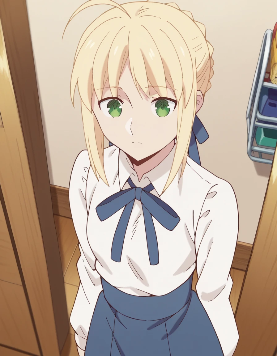score_9, score_8_up, score_7_up, source_anime, <lora:artoria-pendragon-emiyachi-ponyxl-lora-nochekaiser:1>, artoria pendragon, blonde hair, ribbon, green eyes, hair ribbon, braid, ahoge, blue ribbon, french braid, mature female, small breasts, anime screencap, skirt, shirt, long sleeves, ribbon, white shirt, blue skirt, blue ribbon,, closet, clothes, shelves, hangers, storage, , from above,, looking at viewer, solo,, cowboy shot, solo