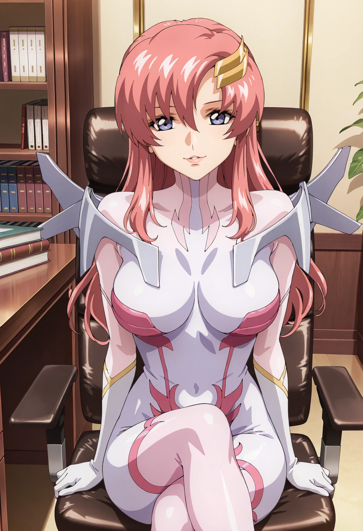 masterpiece,best quality,lacus_c, 1girl, anime coloring, solo, long hair, pink hair, hair between eyes, purple eyes, lipstick, lacus pilot suit, pink white bodysuit,pilot gloves, shoulder armor, , sitting, office chair, desk, crossed legs,light smile,, parted lips,  indoors, book, bookshelf,  <lora:lacus_c_IL-300008:0.95>