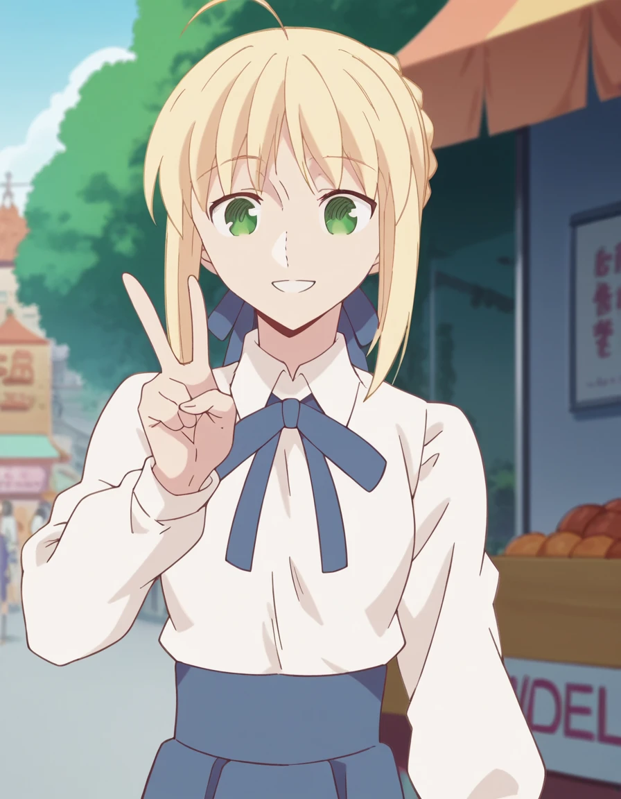 score_9, score_8_up, score_7_up, source_anime, <lora:artoria-pendragon-emiyachi-ponyxl-lora-nochekaiser:1>, artoria pendragon, blonde hair, ribbon, green eyes, hair ribbon, braid, ahoge, blue ribbon, french braid, mature female, small breasts, anime screencap, skirt, shirt, long sleeves, ribbon, white shirt, blue skirt, blue ribbon,, street market, vendor, street food, bustling crowd, local flavor, vibrant, smile, v, v over eyes,, looking at viewer, solo,, cowboy shot, solo