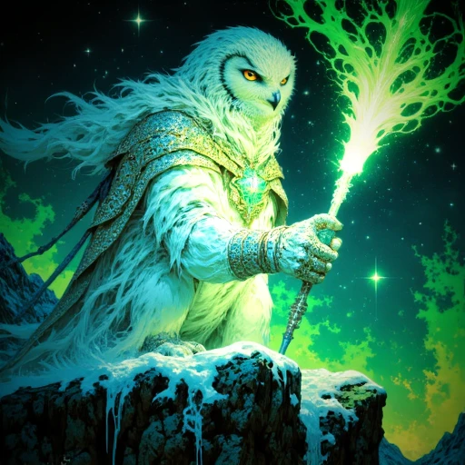 snowy owl, green hues, spear, animal companion, orange hues