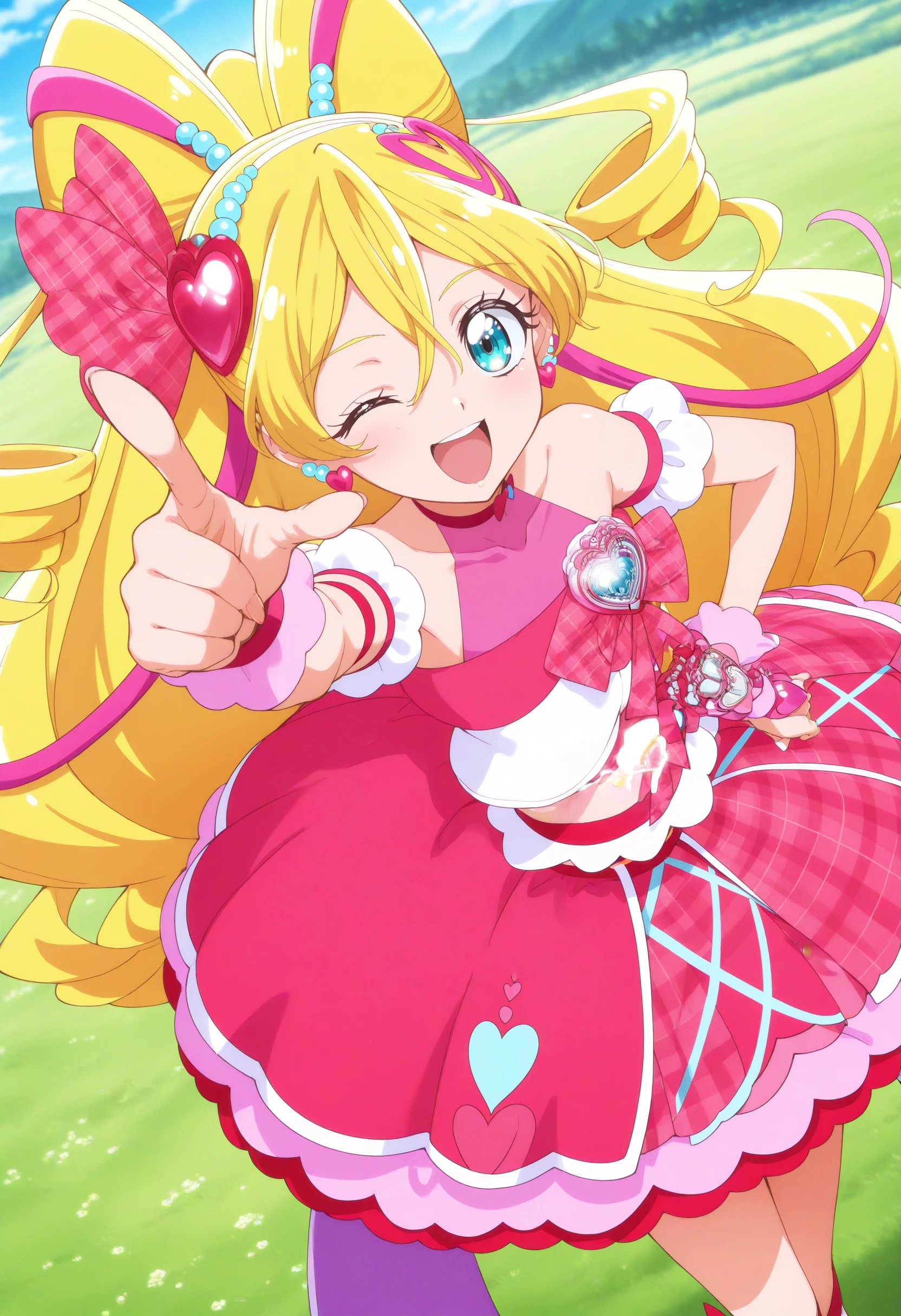 1girl,cure idol,solo,
masterpiece, best quality, newest, absurdres, CG, anime, source anime, illustration,
blonde hair, pink bow, blue eyes, hair bow, jewelry, heart hair ornament, earrings, multicolored hair, twin drills, magical girl, detached sleeves, hair between eyes, plaid skirt, pink choker, bare shoulders, very long hair, <lora:cureidol_Illust_v1:0.8>
one eye closed, pointing at viewer,
dutch angle, cowboy shot, looking up, despair, meadow, open mouth