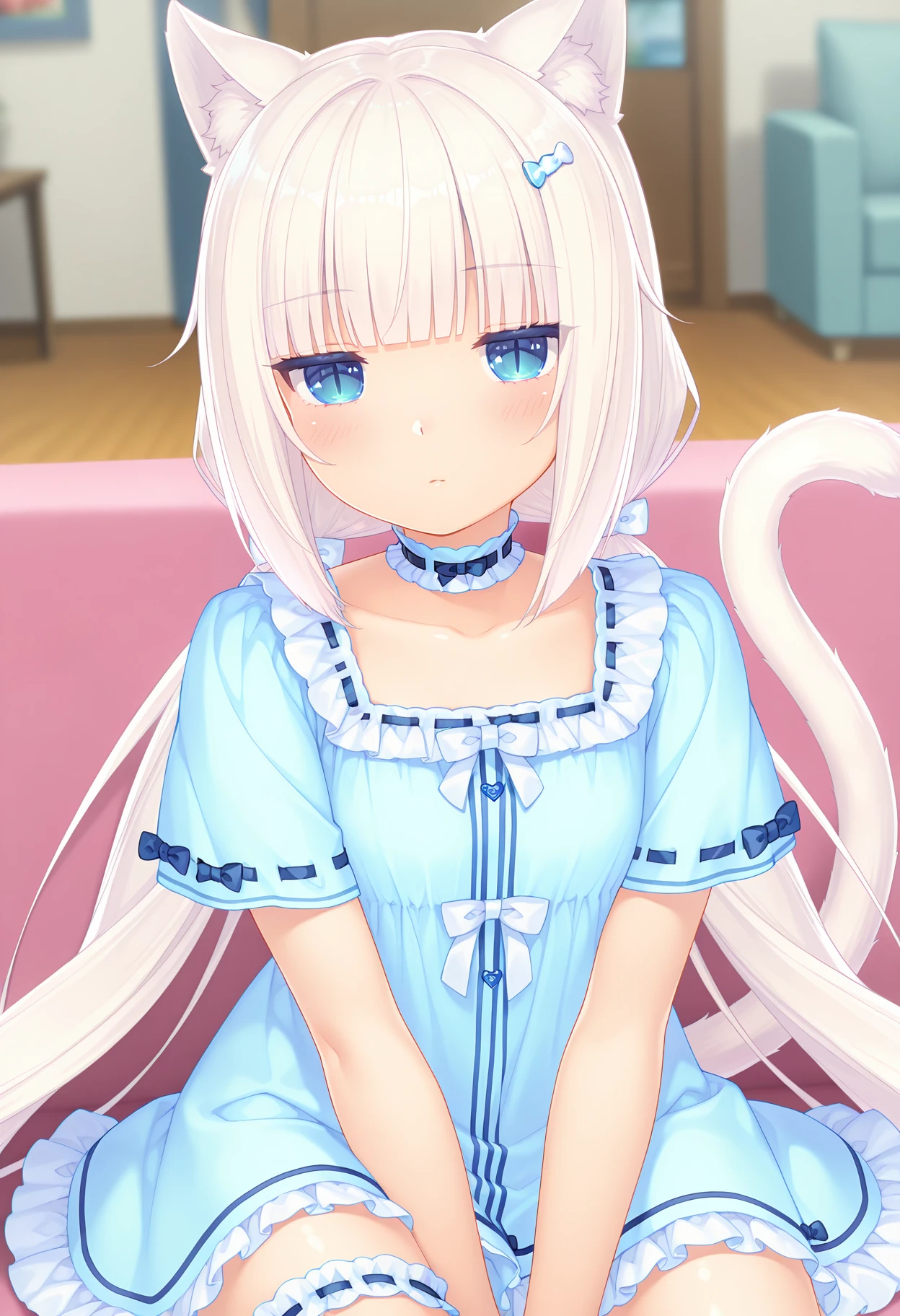 anime screencap, masterpiece, best quality,
<lora:Nekopara_Vanilla_IlluXL:0.9>,
1girl, solo, closed mouth, blush,
low twintails, white hair, blunt bangs, blue eyes, slit pupils, animal ears, cat tail, white tail,
VanillaPajamas, hairclip, blue pajamas, frilled choker, ribbon trim, white bow, short sleeves, bridal garter,
sitting, looking at viewer,
living room, indoors, blurry background