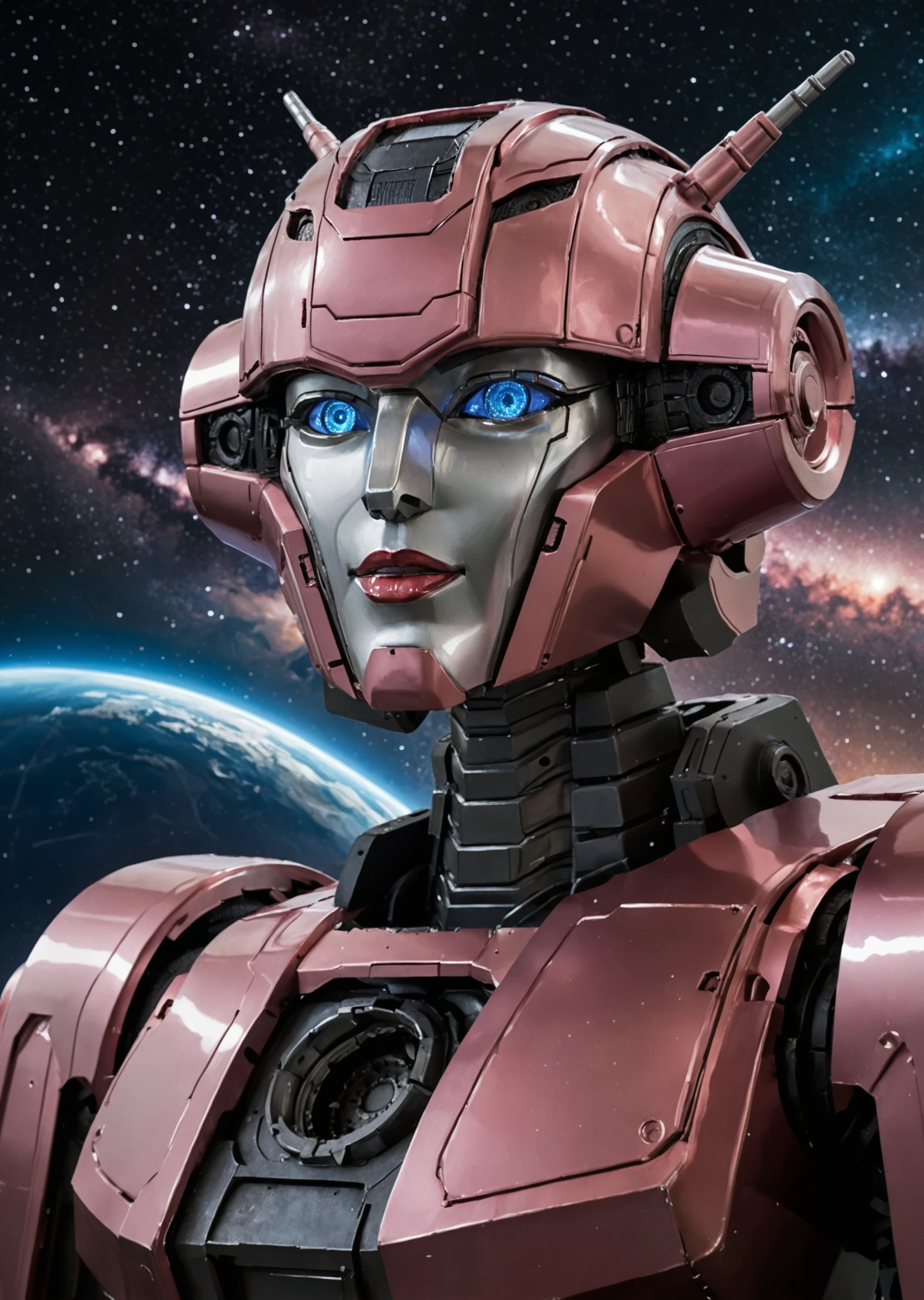full_details,, Elita One, 1girl, solo, pink female robot, seductive pose, detailed metal face, blue eyes, red lips, upper body, metal breasts, no human, space, stars, comet, (2d:1.2), masterpiece retrostyle sci-fi, transformers, anime, digital painting, high quality, (intricate details:1.1), sharp focus<lora:lora\Add_more_details_V2_XLpony.safetensors:0.8:0.8><lora:lora\EnvyScifiStreamlineXL01.safetensors:0.8:0.8><lora:lora\Elita_One_from_Transformers.safetensors:0.8:0.8>