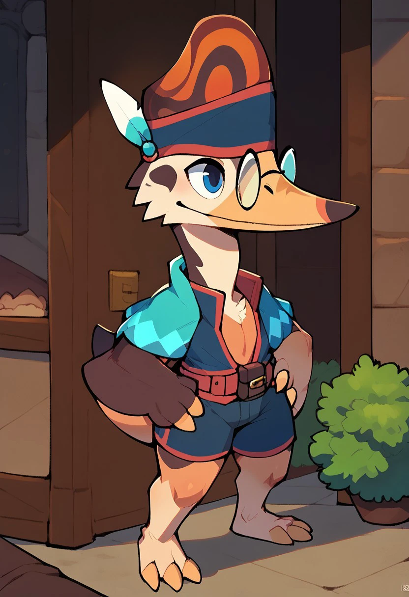 score_9, score_8_up, score_7_up, (solo), 1boy, solo, raptor, scalie, scales, dinosaur anthro, digitigrade legs, wide hips, cute face, Rowan, male, quetzalcoatlus, brown skin, dark yellow beak, blue eyes, membranous wings, winged arms, 3 fingers, 4 toes, glasses, dark blue vest, green cape, waist bag, dark blue headband, shorts