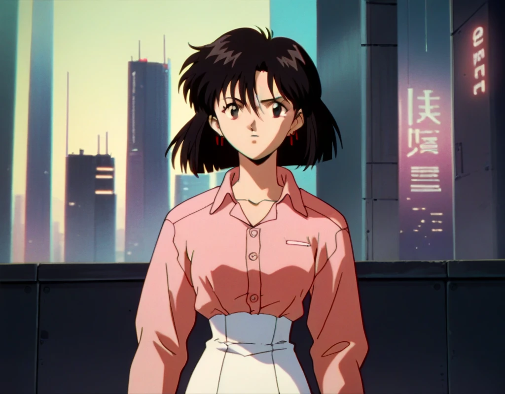 score_9, score_8_up, score_7_up, score_6_up, score_5_up, score_4_up, 90s, Anime screencap, retro_artstyle, retro, masterpiece, cowboy shot
angie, 1girl, solo, alone, black hair, dark eyes, medium hair, hair between eyes, raised eyebrow, earrings, collared pink shirt, long sleeves, white short skirt,
cyberpunk, highres, cyberpunk city background,
<lora:add-detail-xl:1> <lora:clean90sanime_pony11:0.8>