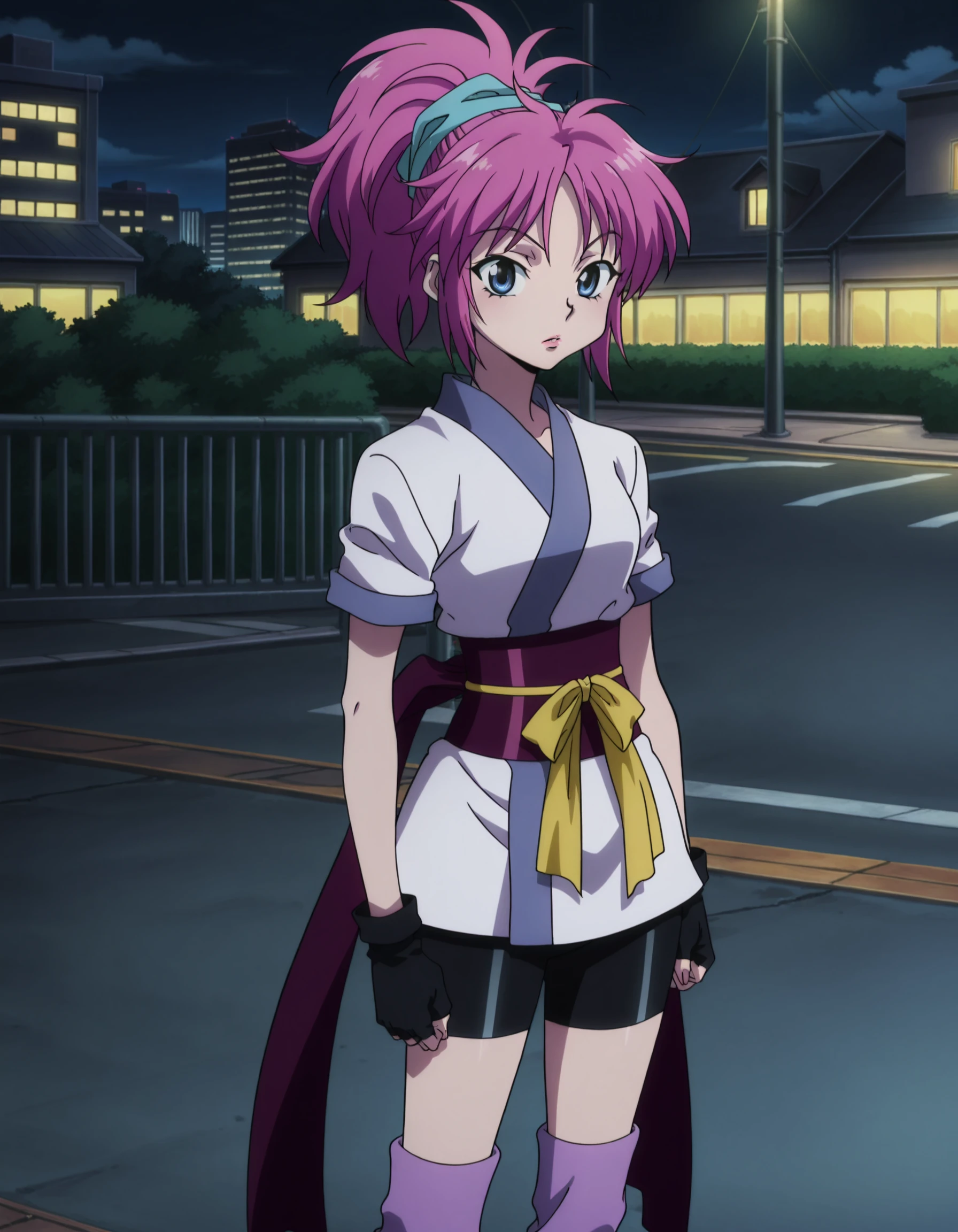 anime screencap, anime coloring,
outside, in a city at night,
<lora:Machi_Komacine_Hunter_x_Hunter_2011_-_Illustrious:.7>Pink hair, blue eyes, Ponytail, short hair, Japanese clothes, Bike shorts, black fingerless gloves, leg warmers, sash, hair ribbon, looking at the viewer, neutral expression, lips
