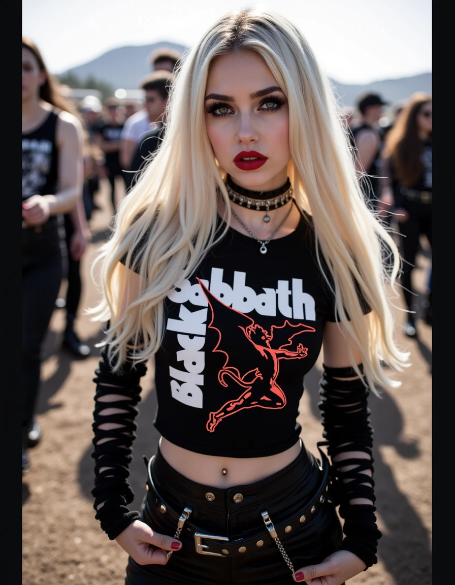 mggs, ultra realistic, ultra detailed image, analog photo 35mm, ultra quality, s4bb4th <lora:Rock & Metal t-shirts- Black Sabbath:1> <lora:metal-gothic-girls:1>  a metal woman, wearing a gothic outfit, she is wearing a ((black sabbath)) t-shirt, she's in a musical event outdoors, she is petite and has long blond hair., Photorealistic, Hyperrealistic, Hyperdetailed, analog style, soft lighting, subsurface scattering, realistic, heavy shadow, masterpiece, best quality, ultra realistic, 8k, golden ratio, Intricate, High Detail, film photography, soft focus