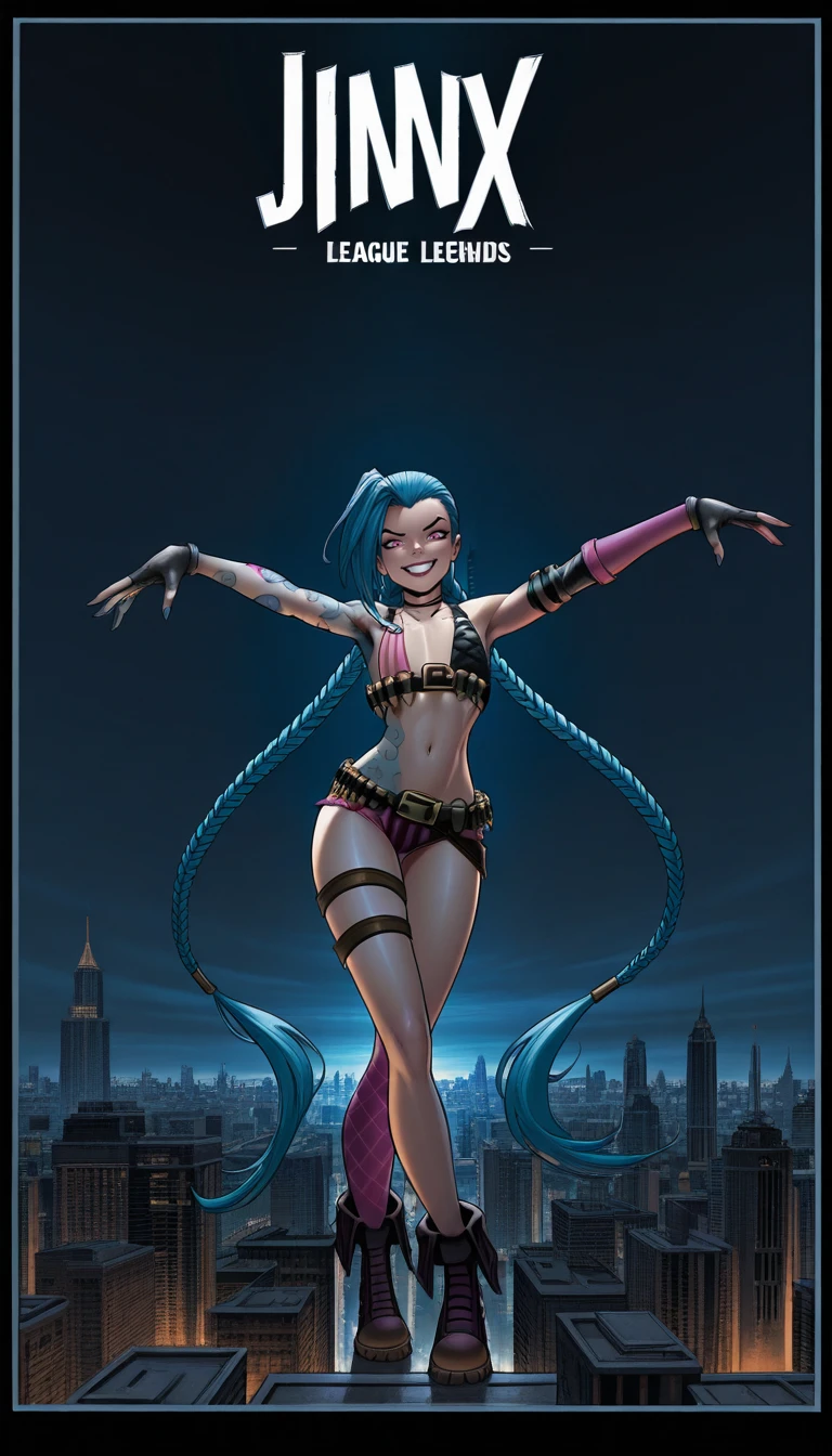 masterpiece,best quality,amazing quality,
comic, comic cover, cover page, dark theme, cityscape,
jinx \(league of legends\), , looking at viewer, full body shot, sexy pose, dynamic pose, happy,
darkn3ssill, <lora:The_Darkness_Style_Illustrious:0.8>,