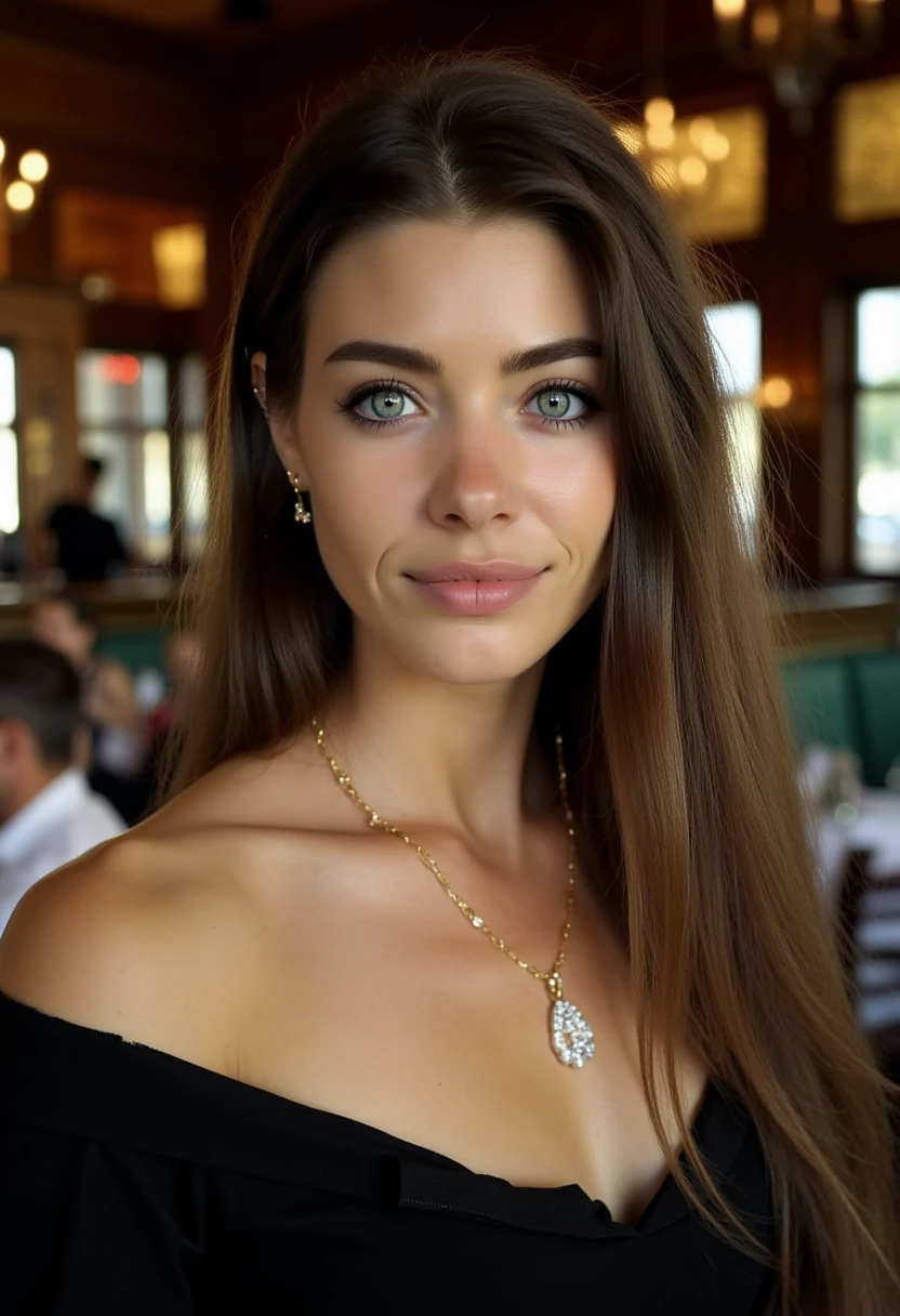 This is a highly detailed, hyper-realistic digital portrait of a young woman with a fair complexion and striking eyes. She has long, wavy brown hair that cascades over her shoulders. Her makeup is meticulously applied, with a smooth, glowing complexion, rosy cheeks, and a subtle pink gloss on her lips. She wears a black off-the-shoulder top that reveals her collarbones and a delicate gold necklace with a large, sparkling pendant. Her earrings are also gold and feature intricate designs.
The background is a cozy, dimly lit restaurant with warm, golden light from chandeliers and large windows. The restaurant has a classic, elegant atmosphere with dark wood paneling and plush green booths. In the background, there are several patrons engaged in conversation, adding a sense of depth and activity to the scene. The overall ambiance suggests a luxurious yet intimate dining experience. The lighting in the image is soft and flattering, enhancing the subject's features and the warm tones of the room. The meticulous attention to detail and the lifelike quality of the portrait make it stand out as a high-quality digital artwork. B4RB0R4S