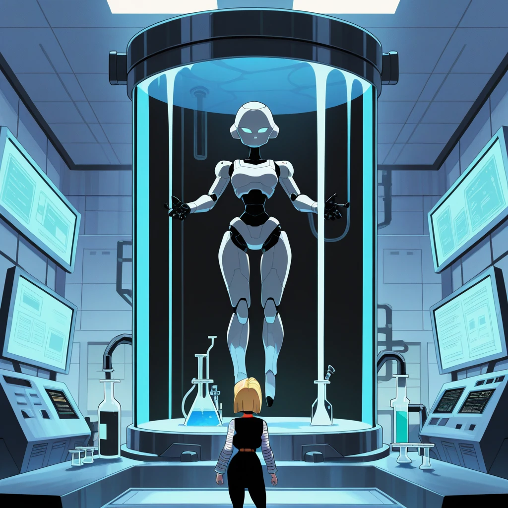 solo, 1girl, tank, floating in tank, bacta tank, <lora:Laboratory_-_IL:0.8> l4b, indoors, laboratory,chemicals, monitors, shadows, Android 18 , masterpiece, best quality, good quality, newest