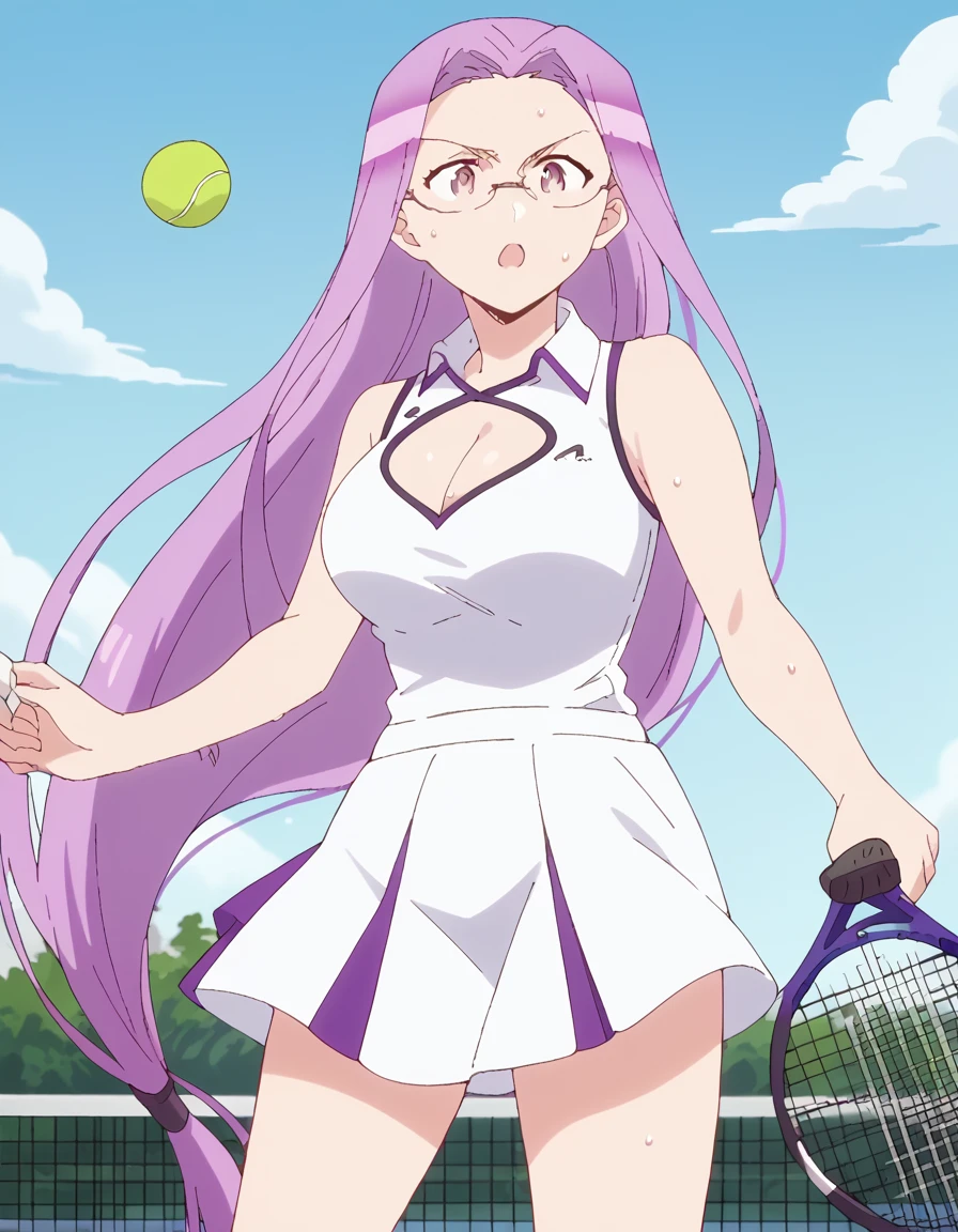 score_9, score_8_up, score_7_up, source_anime, <lora:medusa-emiyachi-ponyxl-lora-nochekaiser:1>, medusa, long hair, very long hair, purple eyes, purple hair, glasses, mature female, large breasts, anime screencap, <lora:tennis-uniform-ponyxl-lora-nochekaiser:1> tennis uniform, tennis racket, racket, tennis ball, sportswear, tennis, tennis court, holding racket, two-tone skirt, tennis net, two-tone shirt, tennis skirt, teniis dress, crop top overhang, holding tennis racket, ball,, open mouth, sweat, steam, blue sky, clouds, sun, cleavage, navel, cowboy shot,, , cowboy shot, solo