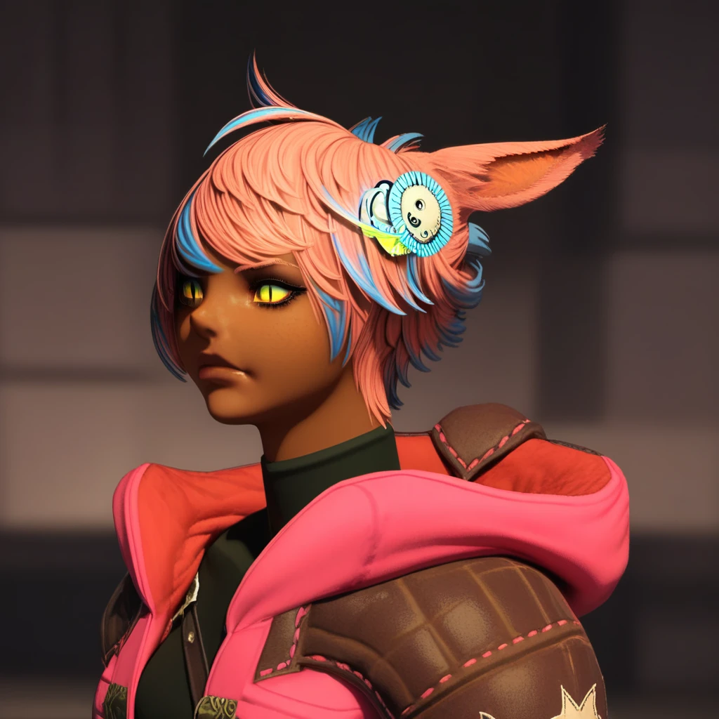 Portrait of Khris Tia, a Viera boy with (dark skin:1.2) and (multicolored hair:1.3), featuring (rabbit ears:1.5) and (heterochromia:1.4), standing indoors. He wears a stylish (pink jacket:1.3) adorned with jewelry, looking directly at the viewer with (red eyes:1.2). A table with a ring is in the background, creating a cozy atmosphere, soft lighting, high detail, by (Annie Leibovitz:1.4), vibrant colors, intimate setting