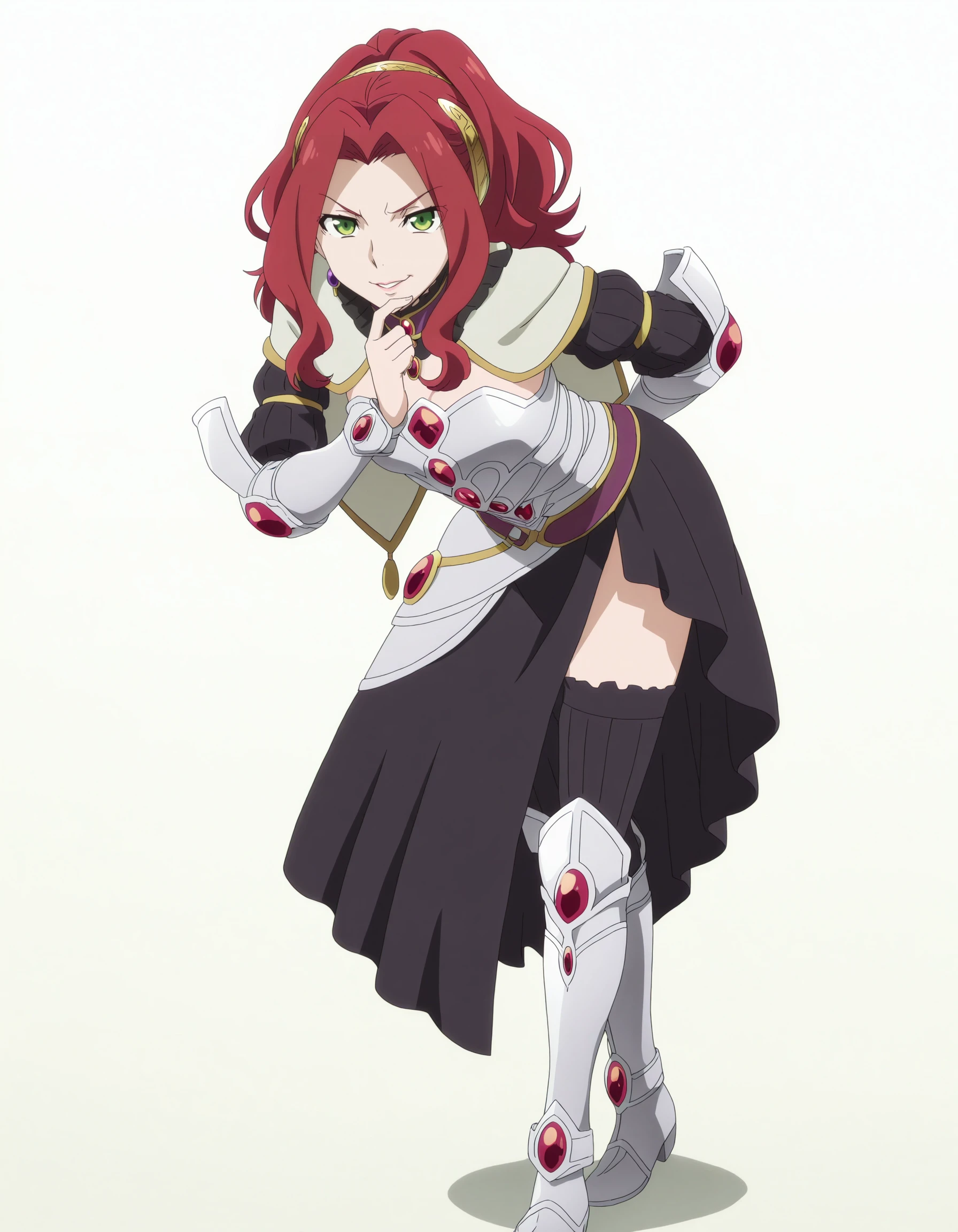 perfect composition, shadows, shading, full body, solo, <lora:anime_screencap-Illustrious:0.8> anime screencap, anime coloring, very aesthetic, absurdres, zPDXL, <lora:Pony_DetailV2.0:0.5> <lora:illustrious_quality_modifiers_masterpieces_v1:1>
<lora:51t3h:1> 51t3h, 1girl, green eyes, long hair, ponytail, red hair, gold hairband, jewel_collar, female focus, looking at viewer, evil smile, defined lips, thinking pose, finger on lip, standing, (leaning forward:1.2), wide stance, one hand behind back,
capelet, chest cutout, jewel_choker, silver armor, asymmetrical skirt, black skirt, thighhighs, boots,
white background, simple background,