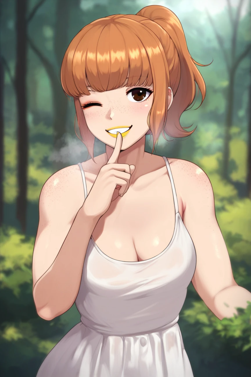 score_9, score_8_up, score_7_up,bluntist style, <lora:Blunt-ist_style_PDXL_r1:0.9>, 1girl, brown eyes, freckles, orange hair, short hair, long hair, ponytail, stylish,  makeup, yellow lipstick BREAK medium breast, steaming body, white dress, cleavage BREAK finger to mouth, one eye closed, wink, smile, blurry background, forest, outdoors, solo, best quality, high quality