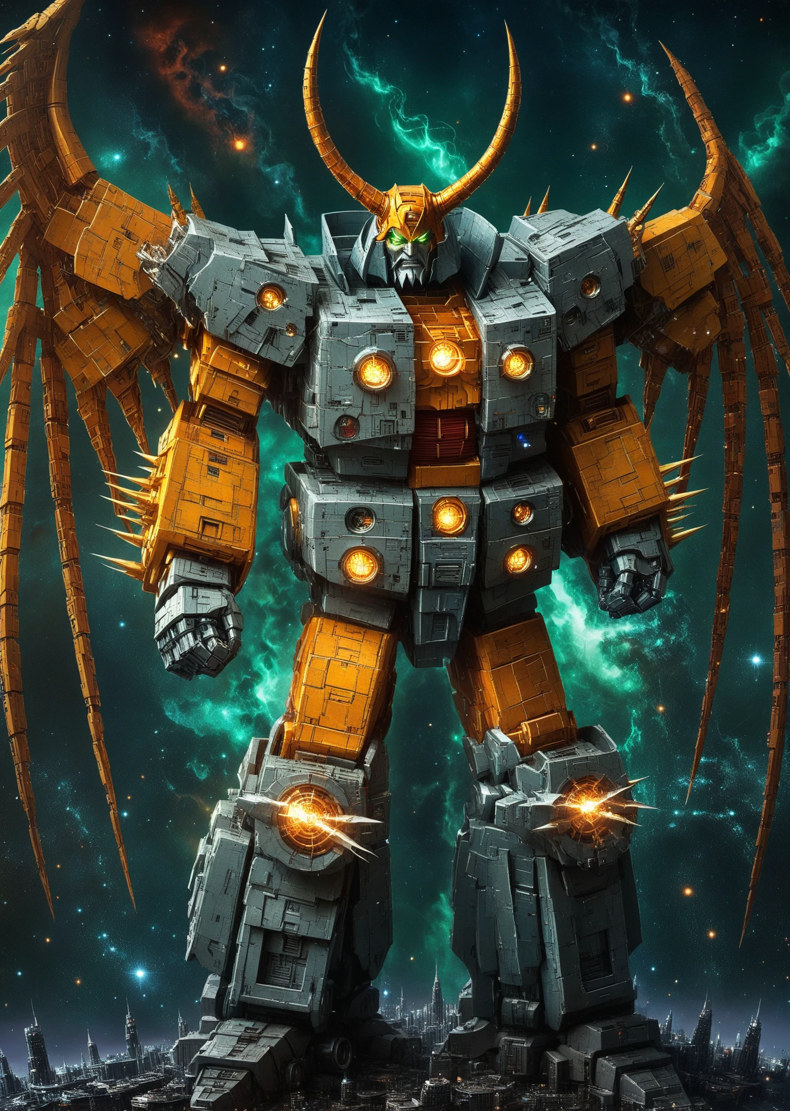 Unicron, masterpice retrostyle sci-fi art, anime, giant robot, detailed metal face, green eyes, horns, wings, mighty metal body, clenched hands, lightning, stars, space, 2d, digital painting, full-height, high quality, high detailed, sharp focus<lora:lora\Unicron_G1.safetensors:1.0:1.0>