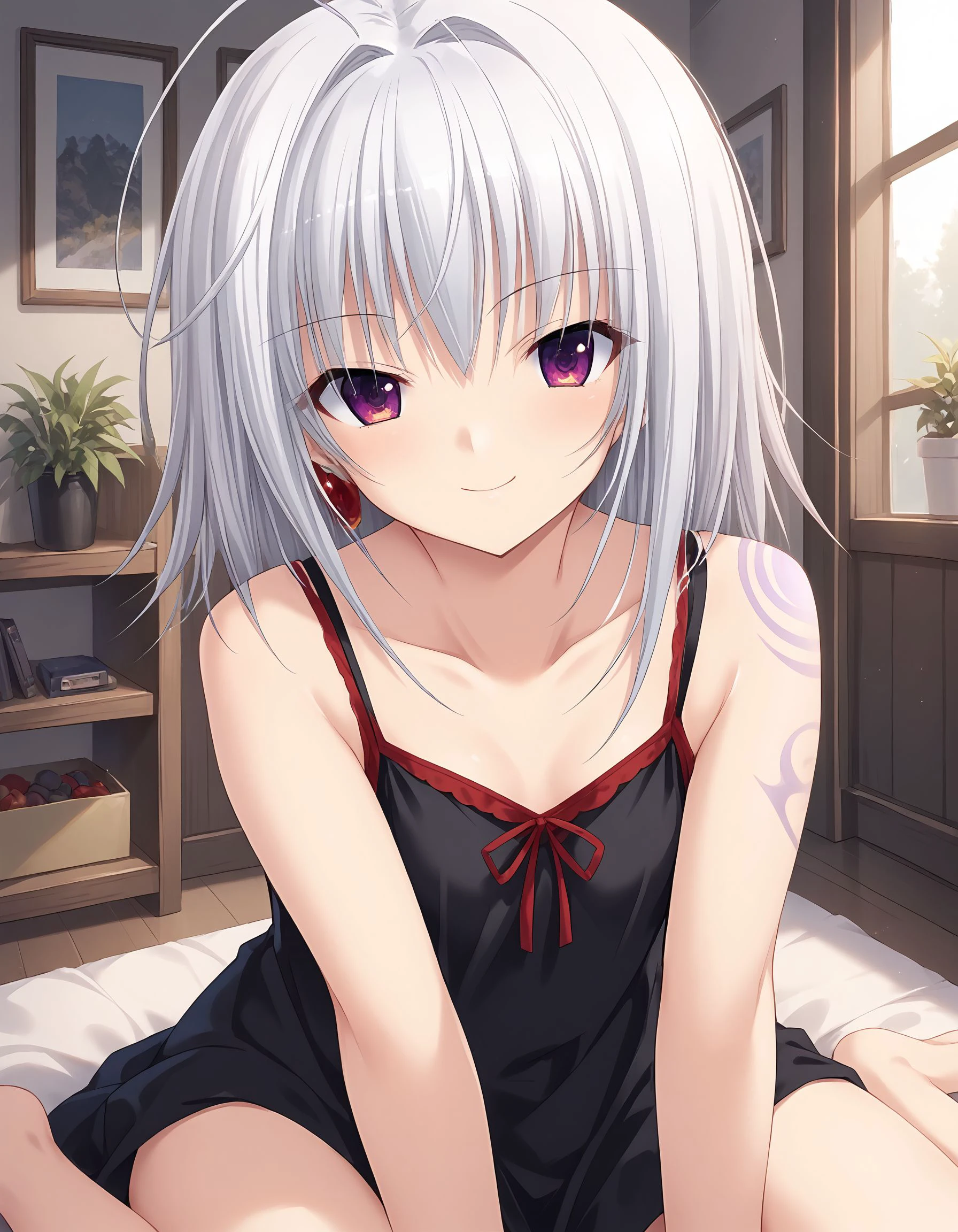 score_9, score_8_up, score_7_up, source_anime, <lora:add-detail-xl:1>, good , completely ,
BREAK 1girl, sitting, smile, in room,
BREAK <lora:tsuki-kagami Sarasara Sasara (Atelier Kaguya):0.8> tsuki-kagami, white hair, double antenna hair, medium hair, ornament on only own right ear, rufous eyes, small , purple tattoo on only own left shoulder,
BREAK camisole one-piece dress, black dress, no sleeves,  shoulder,